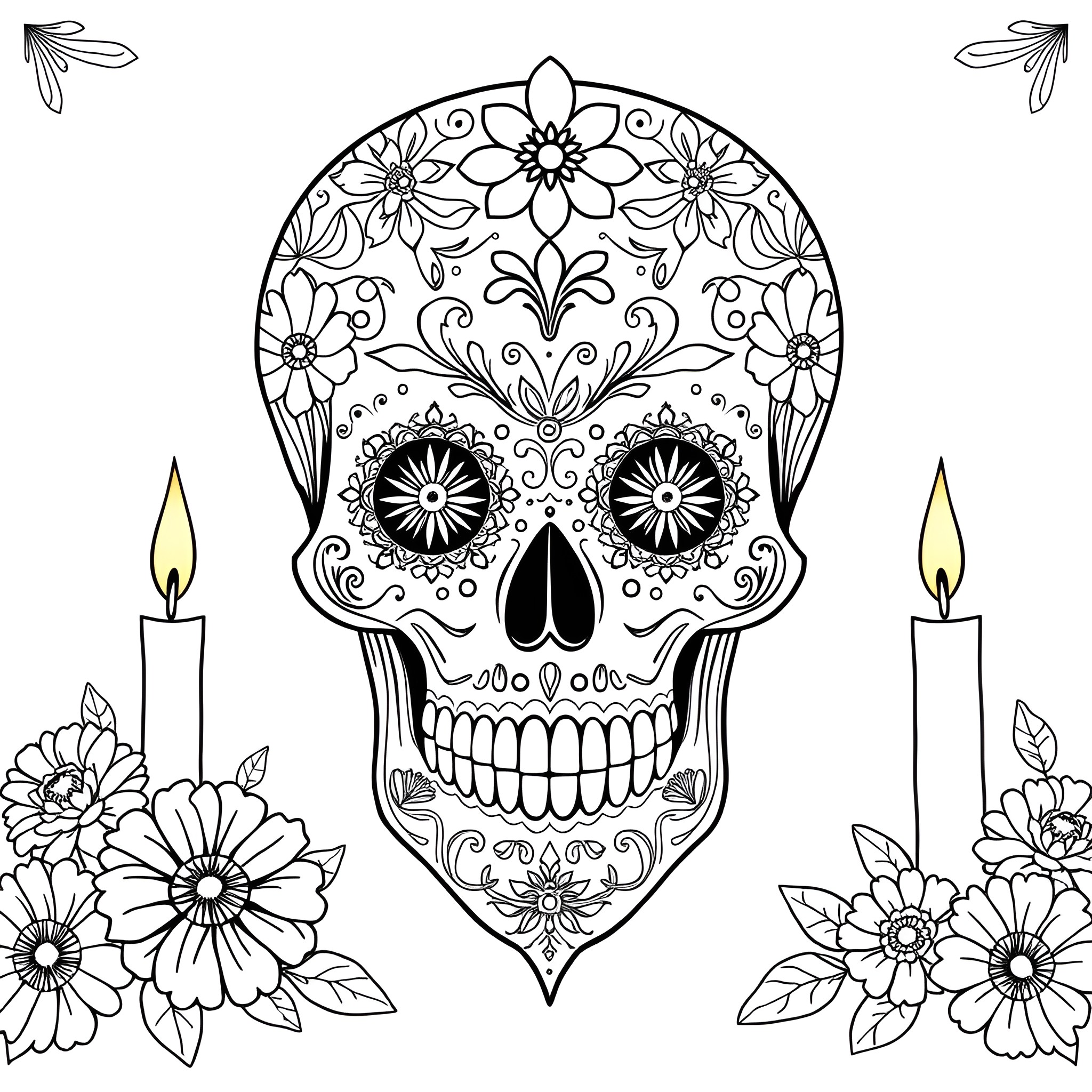 Sugar Skull with Floral Decorations Coloring Page (free black-and-white line drawing printable PDF for all, from beginners to advanced learners, including children, teens, adults, and seniors)