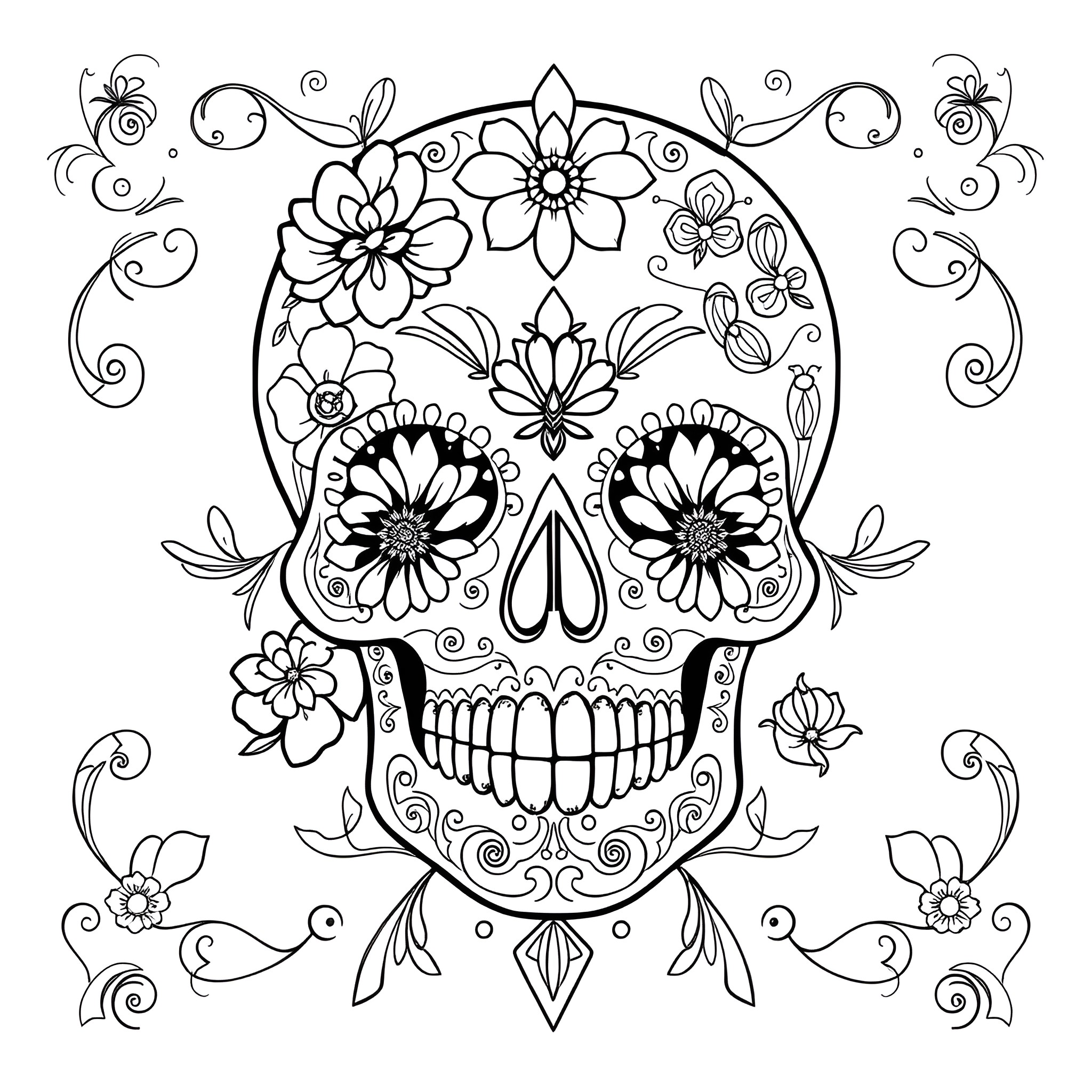 Sugar Skull with Intricate Floral Patterns and Ornate Designs Coloring Page (free black-and-white line drawing printable PDF for all, from beginners to advanced learners, including children, teens, adults, and seniors)