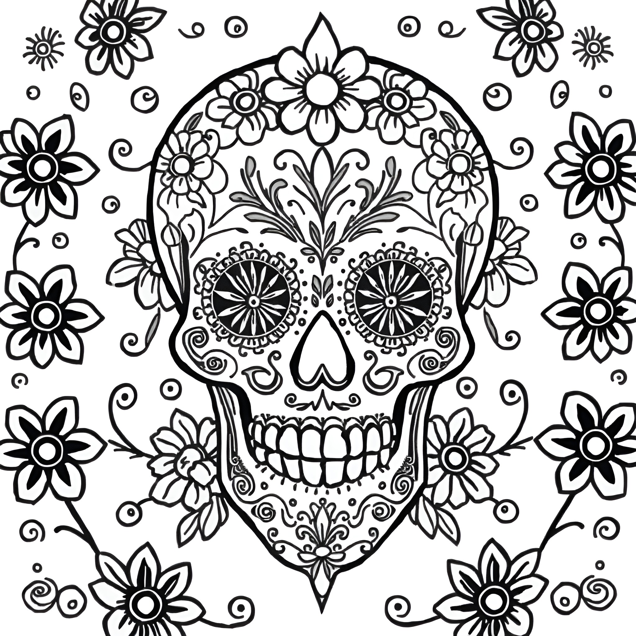 Sugar Skull with Floral Patterns and Ornaments Coloring Page (free black-and-white line drawing printable PDF for all, from beginners to advanced learners, including children, teens, adults, and seniors)