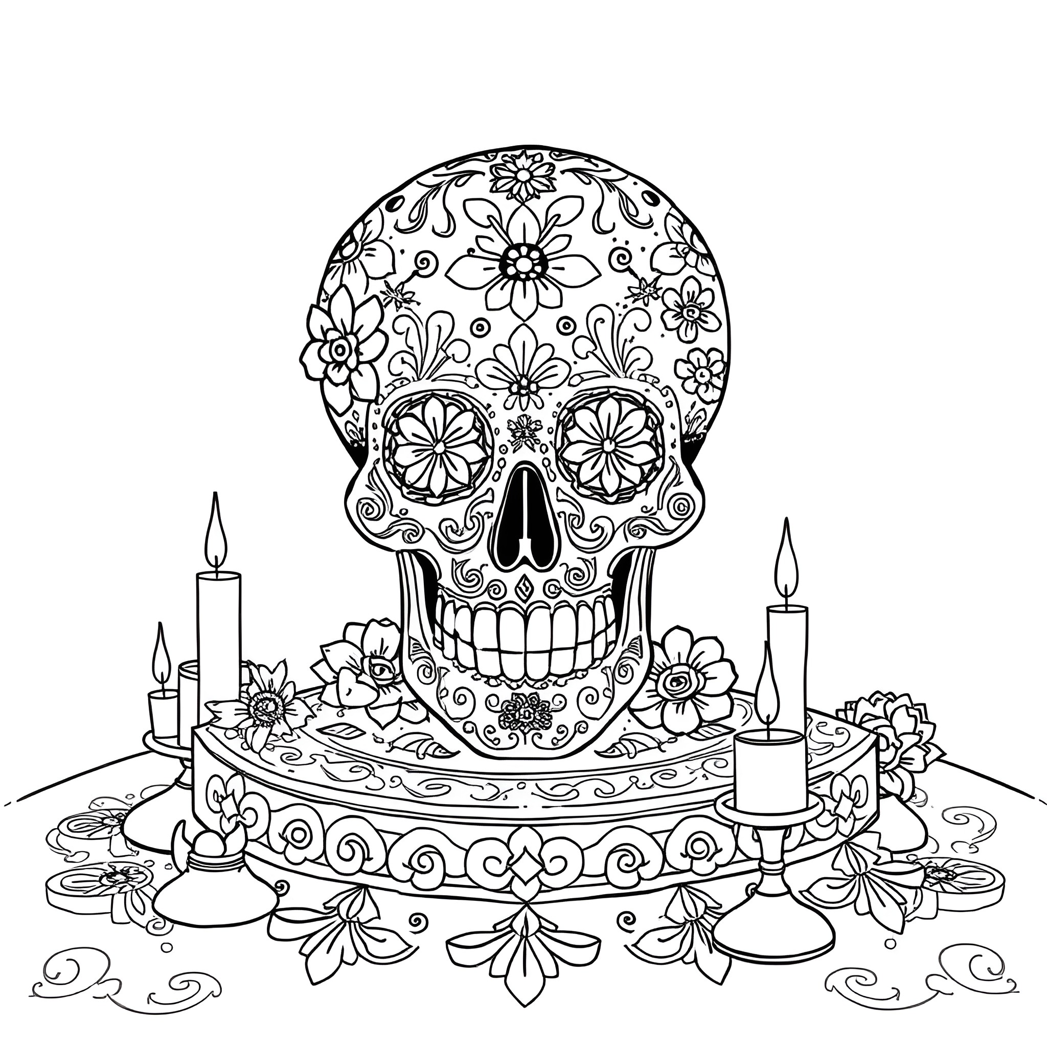 Sugar Skull with Floral Decorations and Candles Coloring Page (free black-and-white line drawing printable PDF for all, from beginners to advanced learners, including children, teens, adults, and seniors)