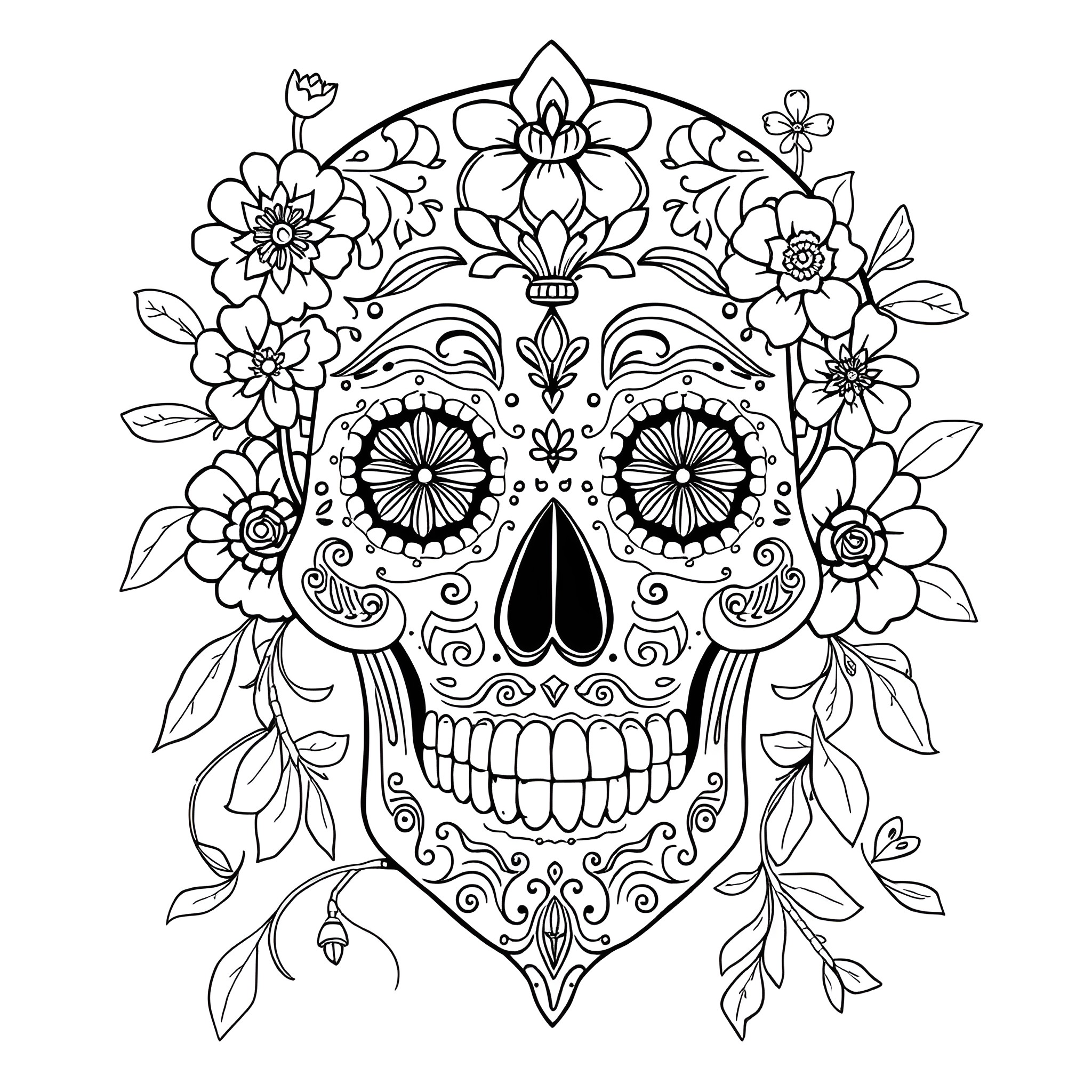 Sugar Skull with Floral Decorations Coloring Page (free black-and-white line drawing printable PDF for all, from beginners to advanced learners, including children, teens, adults, and seniors)