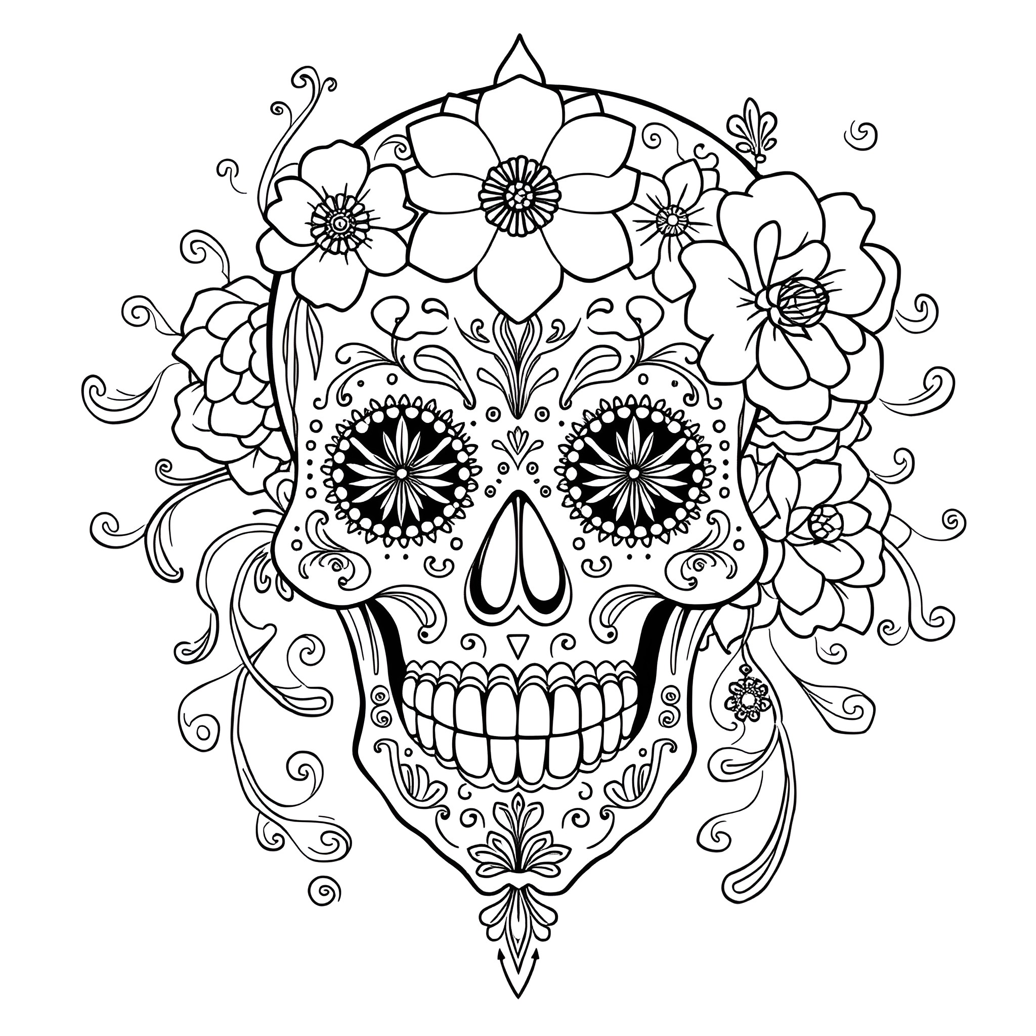Sugar Skull Adorned with Intricate Floral Designs Coloring Page (free black-and-white line drawing printable PDF for all, from beginners to advanced learners, including children, teens, adults, and seniors)