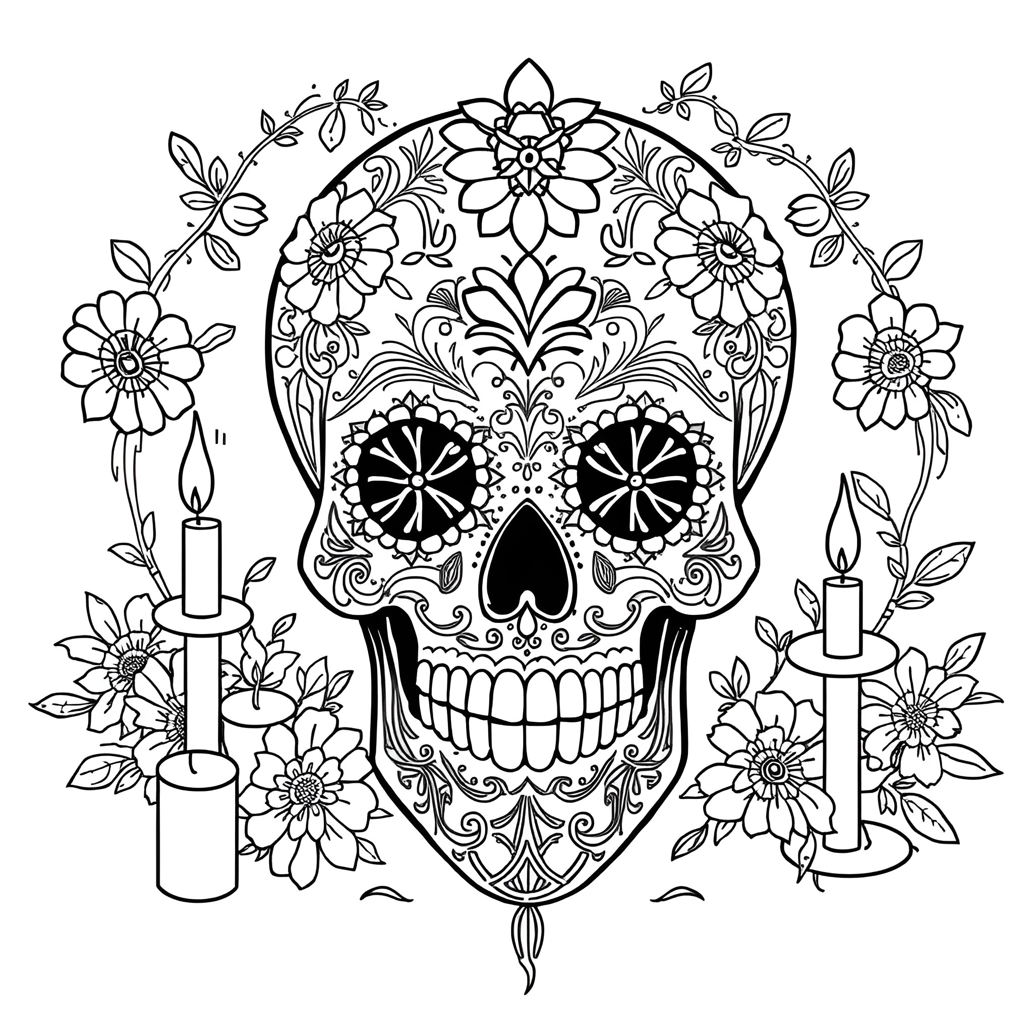 Sugar Skull with Floral Decorations and Candles Coloring Page (free black-and-white line drawing printable PDF for all, from beginners to advanced learners, including children, teens, adults, and seniors)