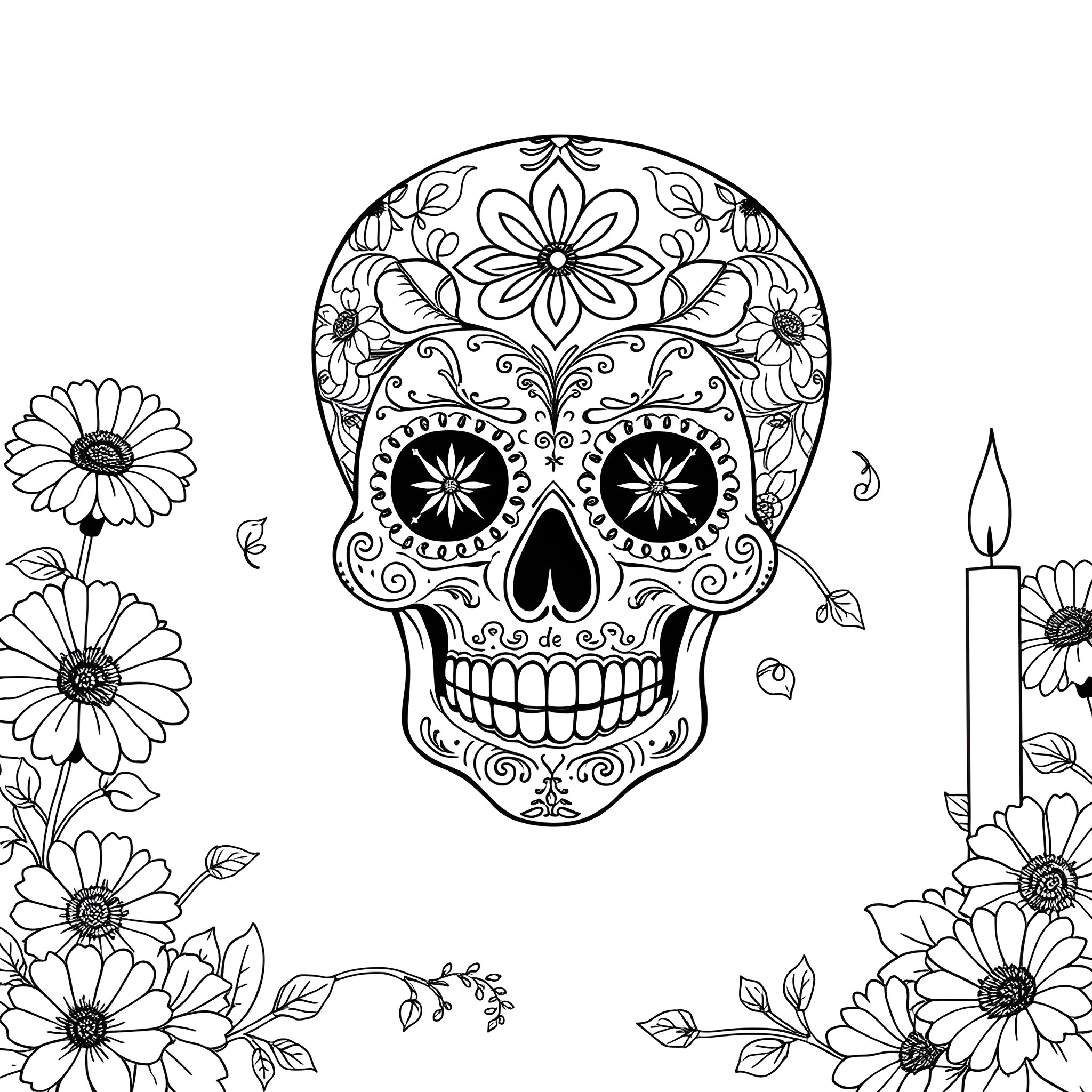 Sugar Skull with Floral Decorations Coloring Page (free black-and-white line drawing printable PDF for all, from beginners to advanced learners, including children, teens, adults, and seniors)