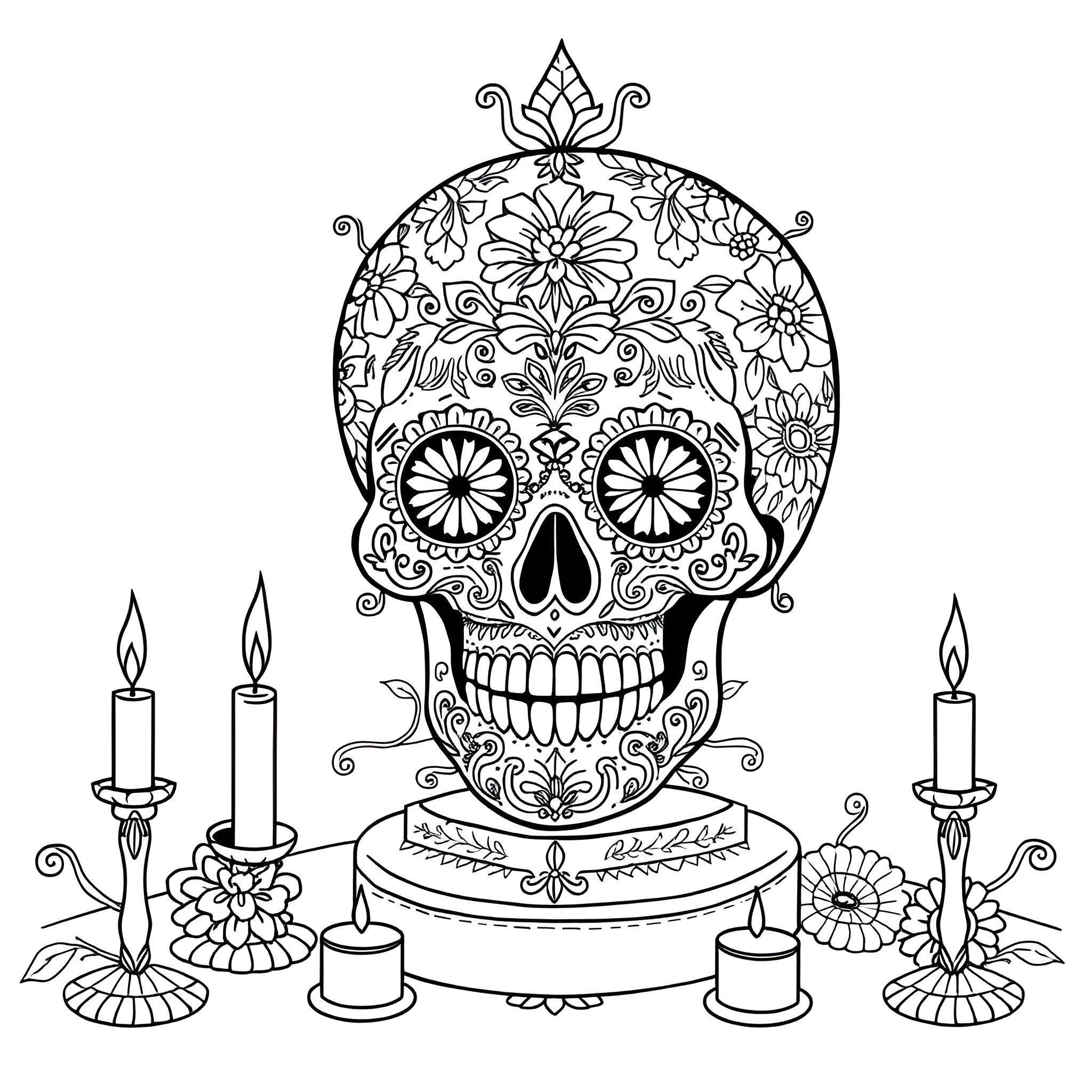Sugar Skull with Ornate Floral Decorations and Candles Coloring Page (free black-and-white line drawing printable PDF for all, from beginners to advanced learners, including children, teens, adults, and seniors)