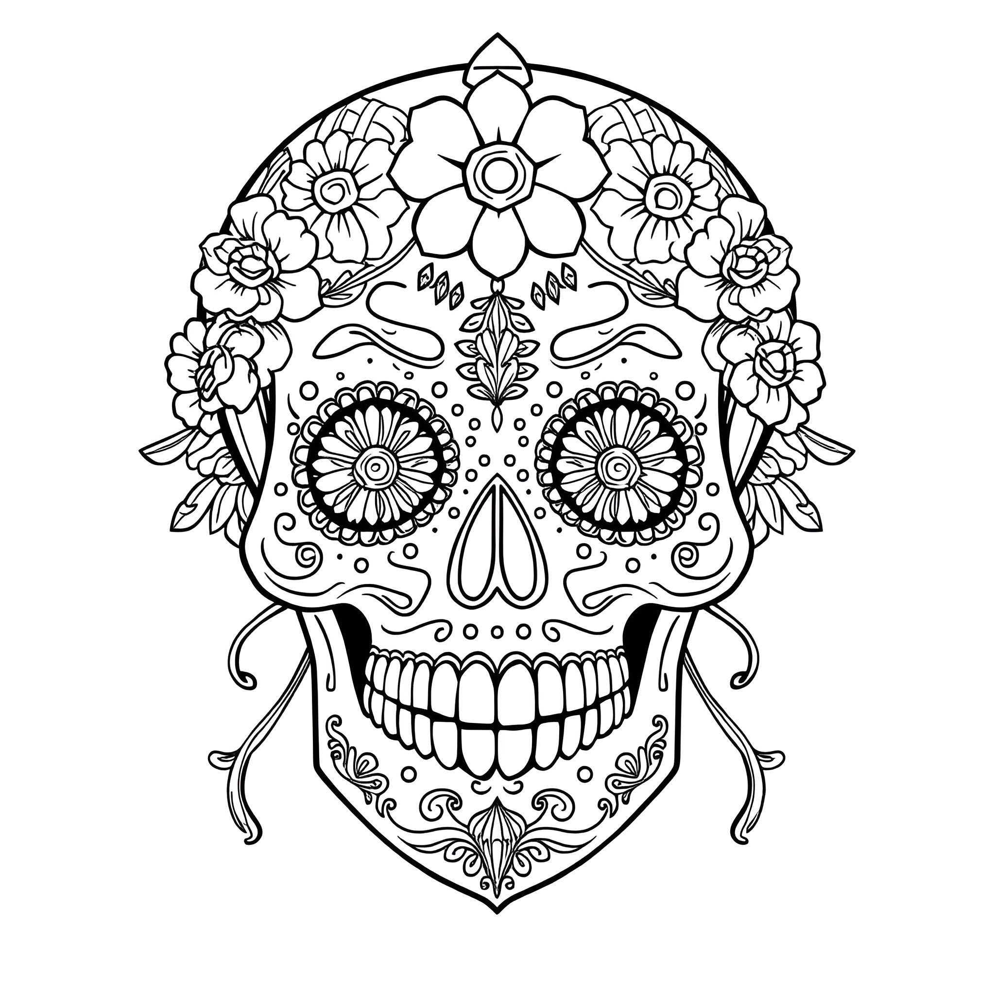 Sugar Skull with Floral Decorations and Symmetrical Design Coloring Page (free black-and-white line drawing printable PDF for all, from beginners to advanced learners, including children, teens, adults, and seniors)