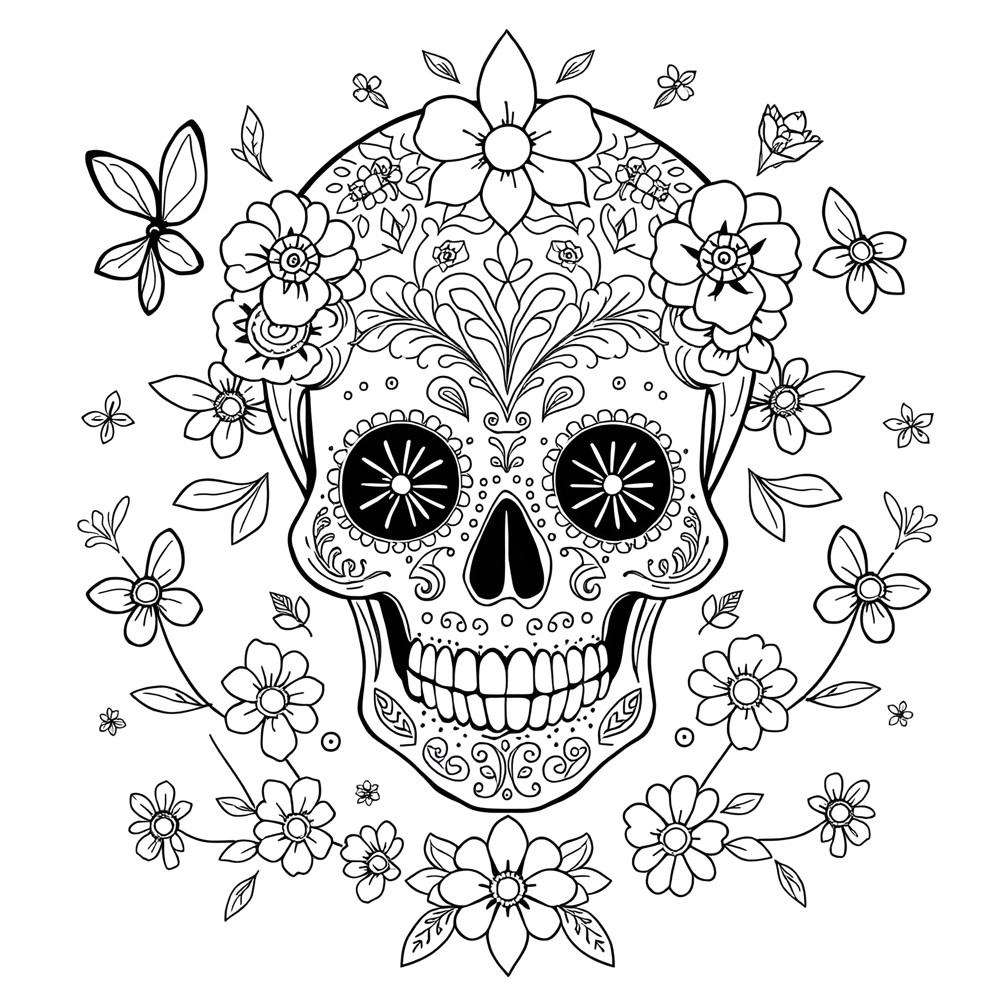 Sugar Skull with Floral Designs and Butterflies Coloring Page (free black-and-white line drawing printable PDF for all, from beginners to advanced learners, including children, teens, adults, and seniors)