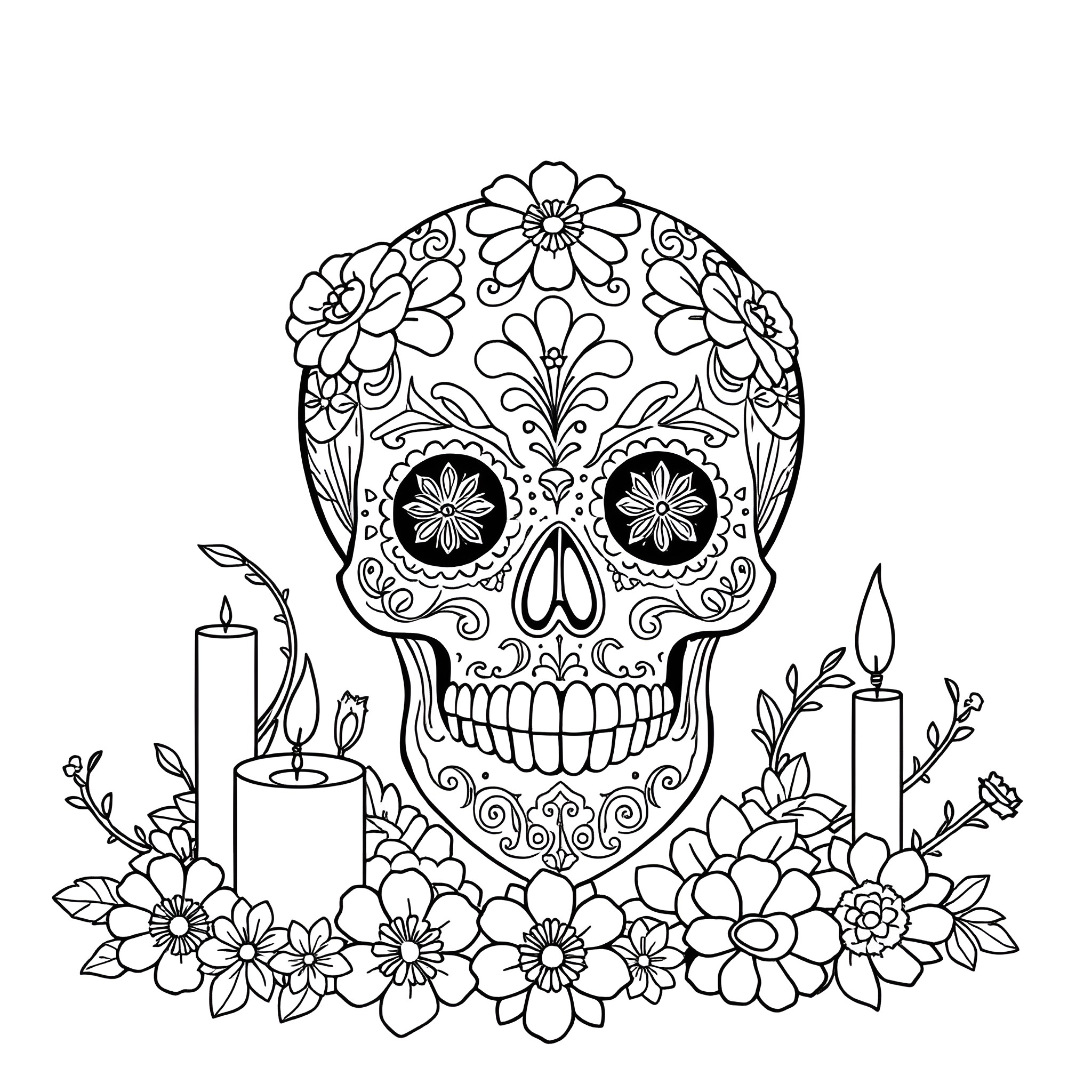 Sugar Skull with Floral Decorations and Candles Coloring Page (free black-and-white line drawing printable PDF for all, from beginners to advanced learners, including children, teens, adults, and seniors)