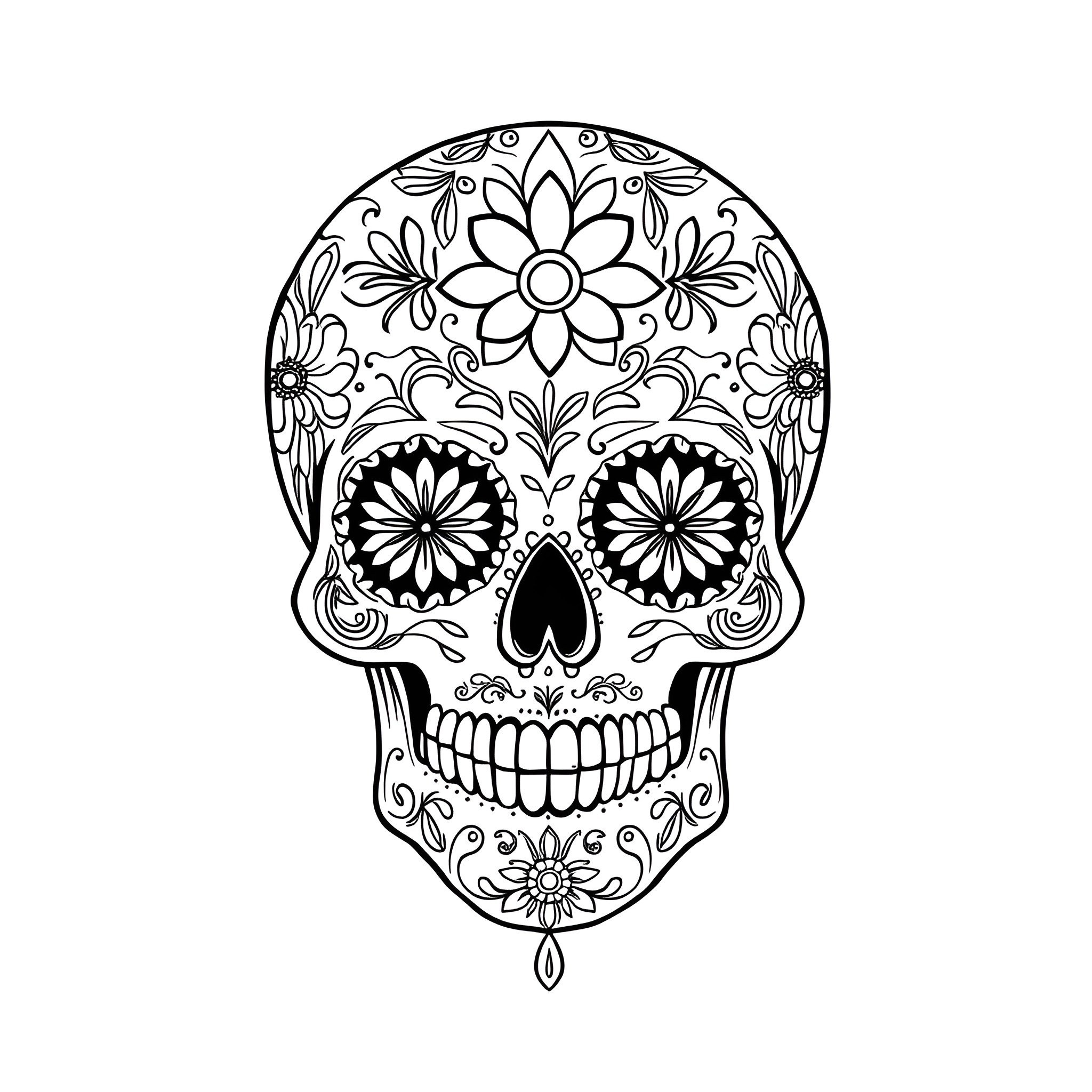 Sugar Skull with Intricate Floral Decorations Coloring Page (free black-and-white line drawing printable PDF for all, from beginners to advanced learners, including children, teens, adults, and seniors)