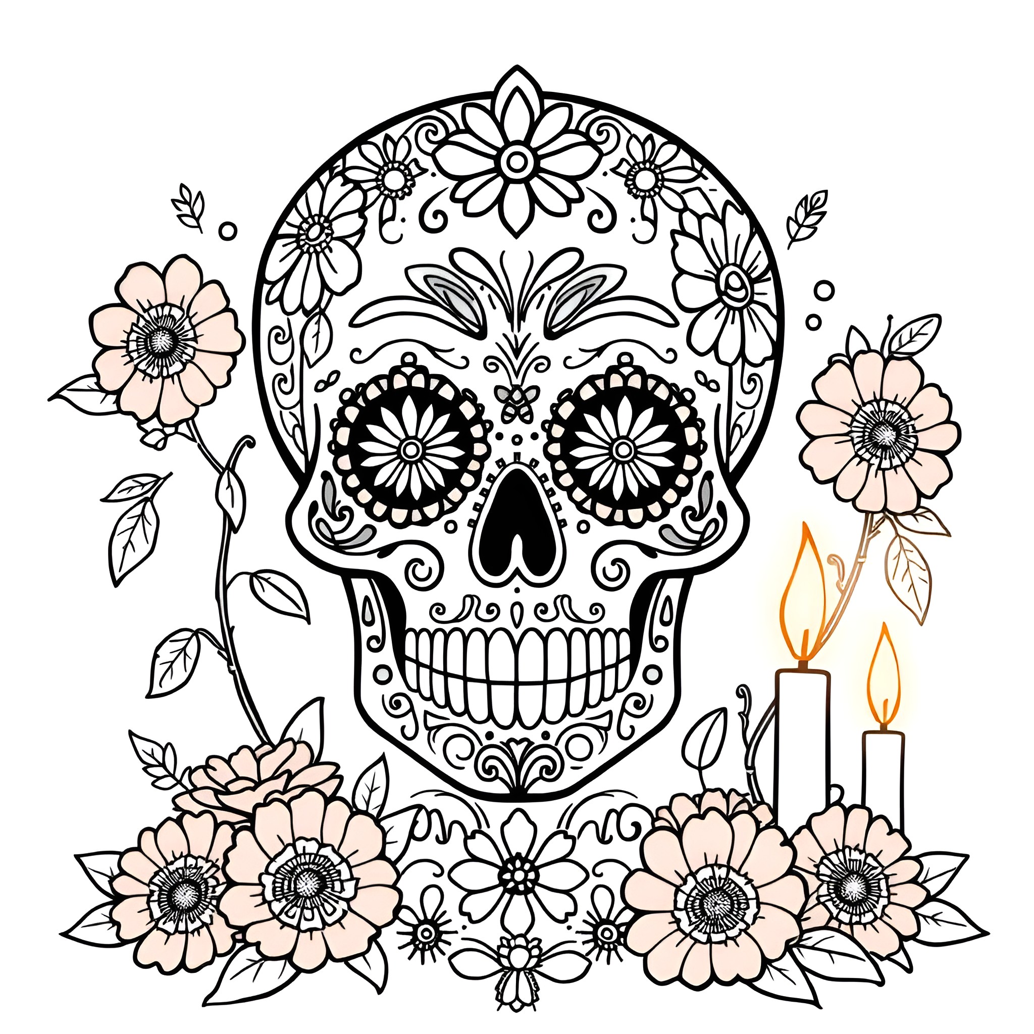 Sugar Skull with Floral Decorations and Candles Coloring Page (free black-and-white line drawing printable PDF for all, from beginners to advanced learners, including children, teens, adults, and seniors)