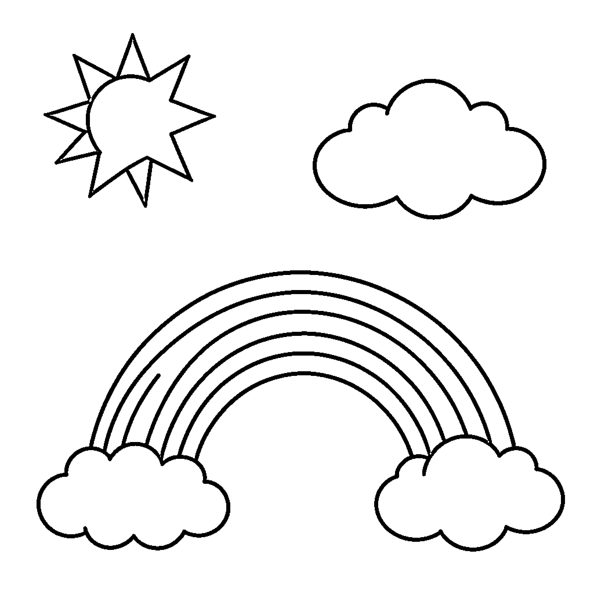 Star shaped sun shining above a rainbow and clouds Coloring Page (free black-and-white line drawing printable PDF for all, from beginners to advanced learners, including children, teens, adults, and seniors)