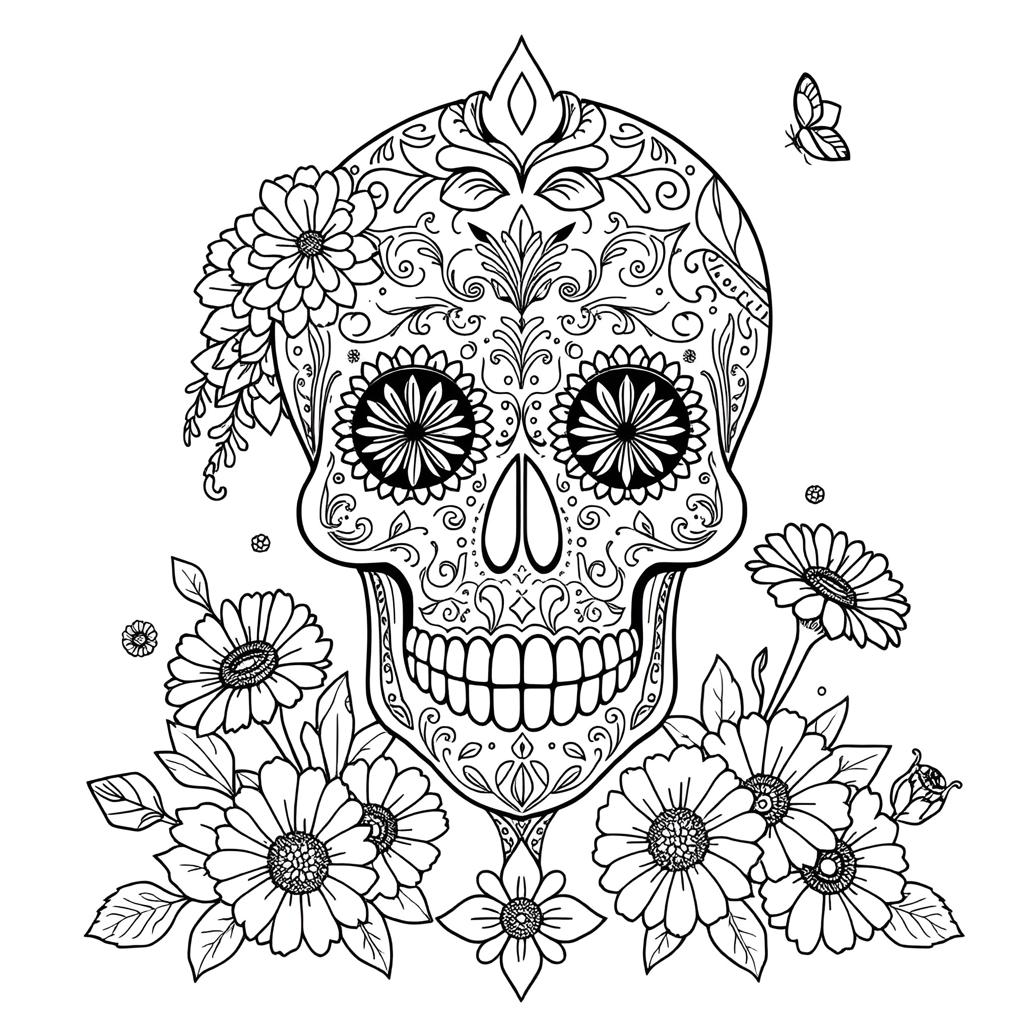 Sugar Skull with Floral Decorations and Butterfly Coloring Page (free black-and-white line drawing printable PDF for all, from beginners to advanced learners, including children, teens, adults, and seniors)