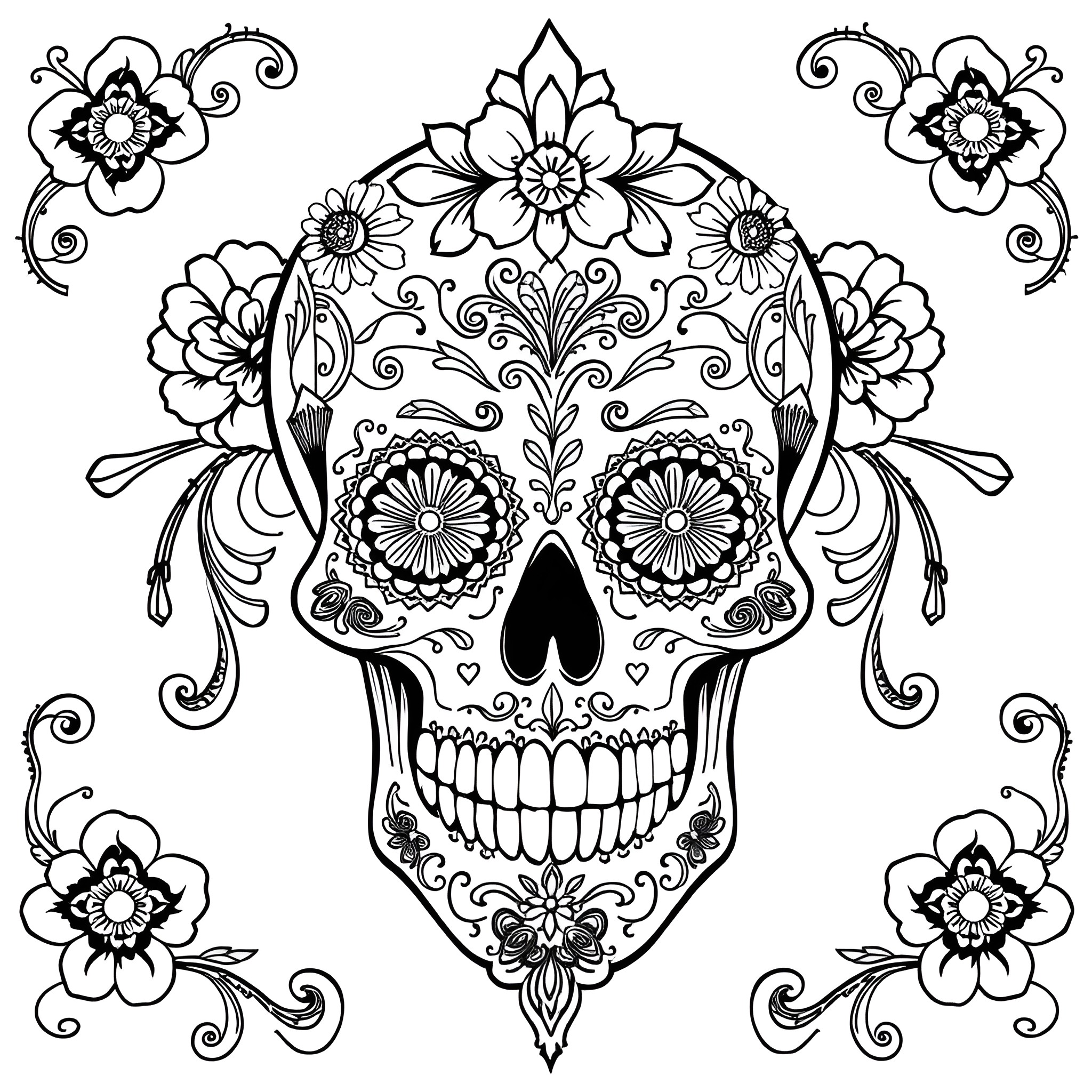 Sugar Skull with Floral Designs and Ornamental Patterns Coloring Page (free black-and-white line drawing printable PDF for all, from beginners to advanced learners, including children, teens, adults, and seniors)