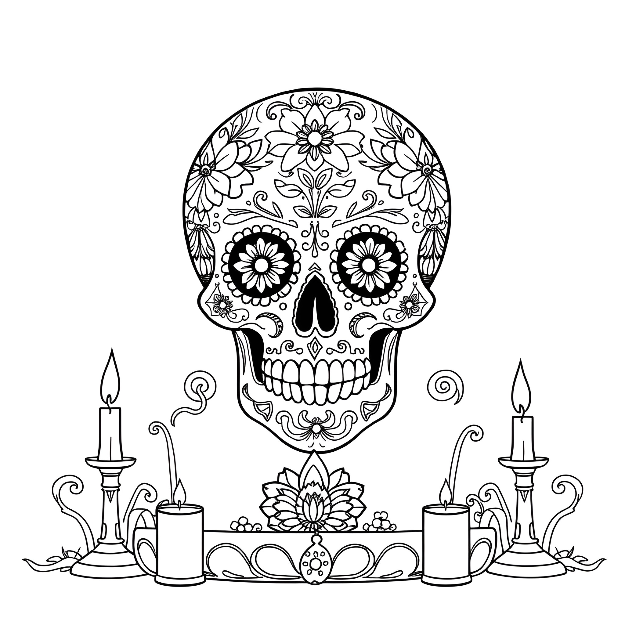 Sugar Skull Adorned with Intricate Floral Designs Coloring Page (free black-and-white line drawing printable PDF for all, from beginners to advanced learners, including children, teens, adults, and seniors)