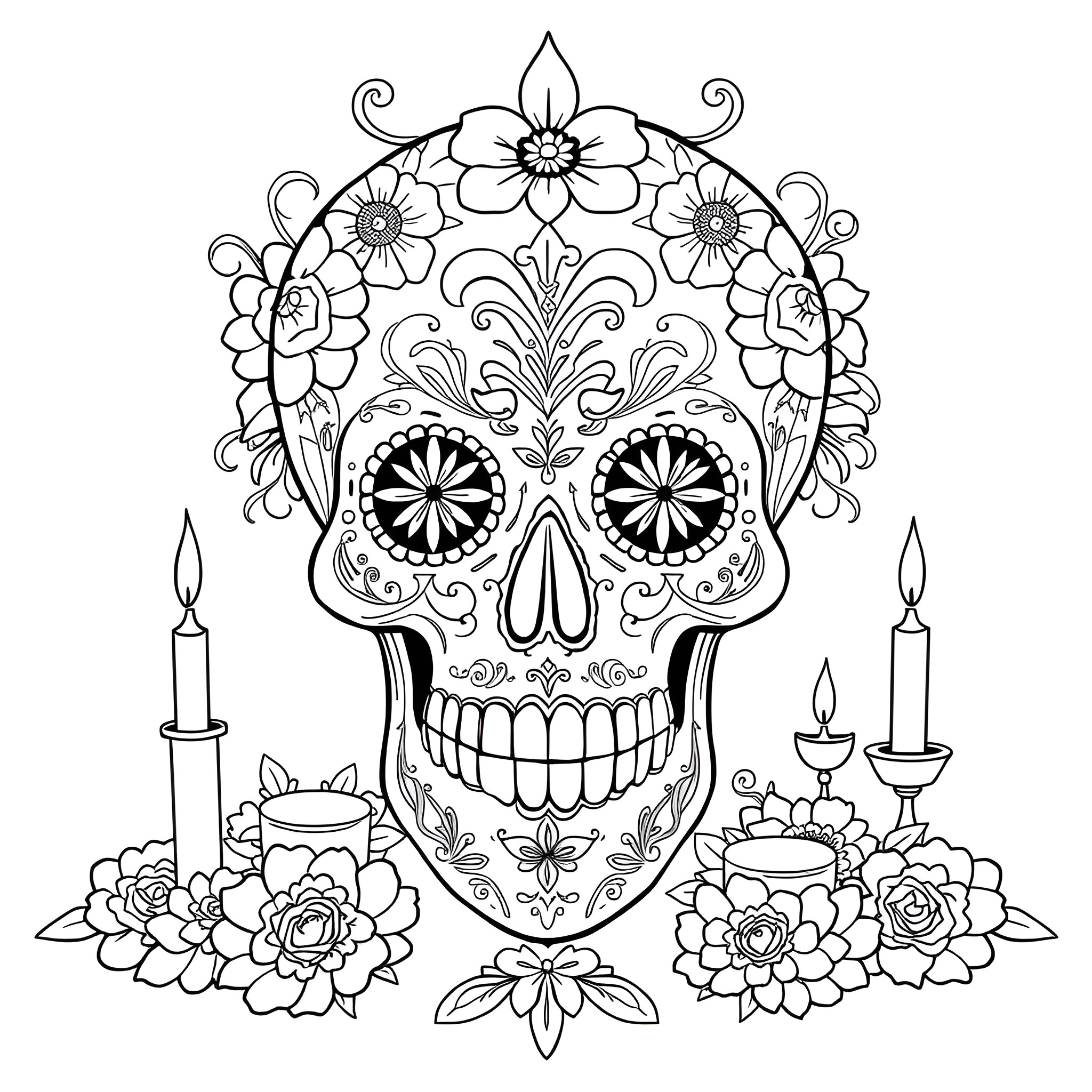 Sugar Skull with Floral Decorations and Candles Coloring Page (free black-and-white line drawing printable PDF for all, from beginners to advanced learners, including children, teens, adults, and seniors)
