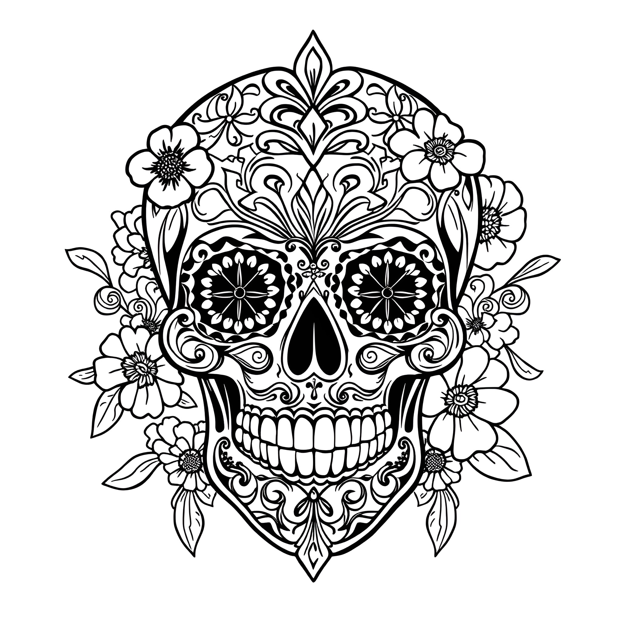 Sugar Skull with Ornate Floral Designs Coloring Page (free black-and-white line drawing printable PDF for all, from beginners to advanced learners, including children, teens, adults, and seniors)
