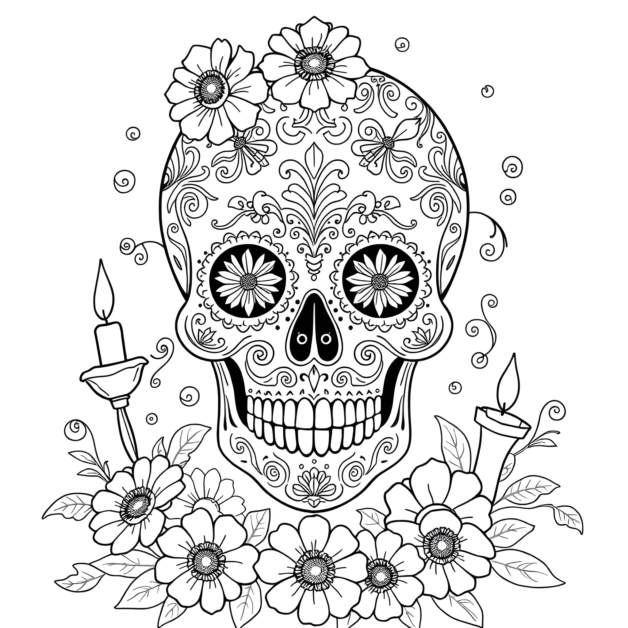 Sugar Skull with Floral Design and Candles Coloring Page (free black-and-white line drawing printable PDF for all, from beginners to advanced learners, including children, teens, adults, and seniors)