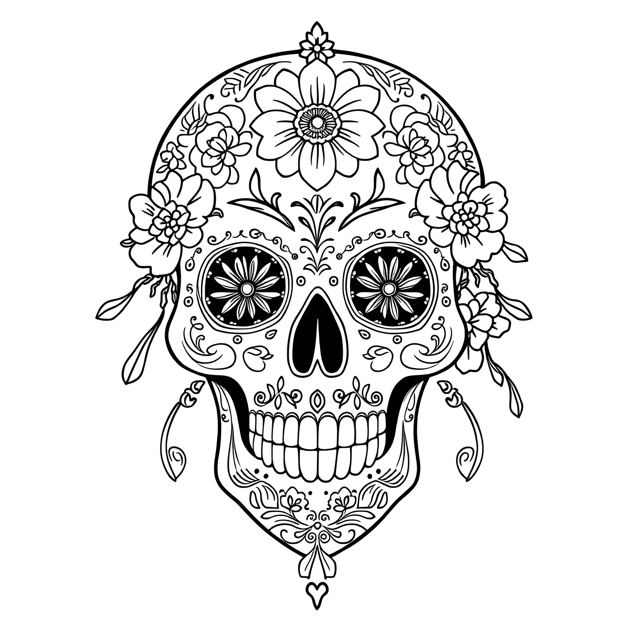 Sugar Skull with Floral Ornaments and Intricate Designs Coloring Page (free black-and-white line drawing printable PDF for all, from beginners to advanced learners, including children, teens, adults, and seniors)