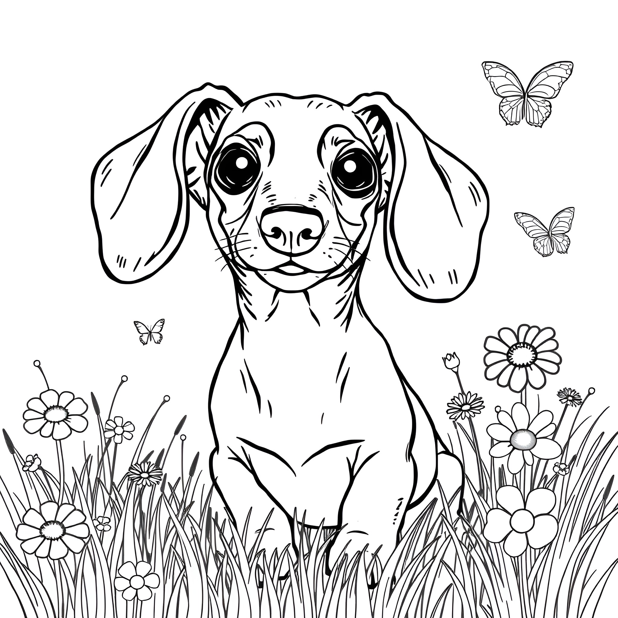 Dachshund playing happily with butterflies in the meadow Coloring Page (free black-and-white line drawing printable PDF for all, from beginners to advanced learners, including children, teens, adults, and seniors)