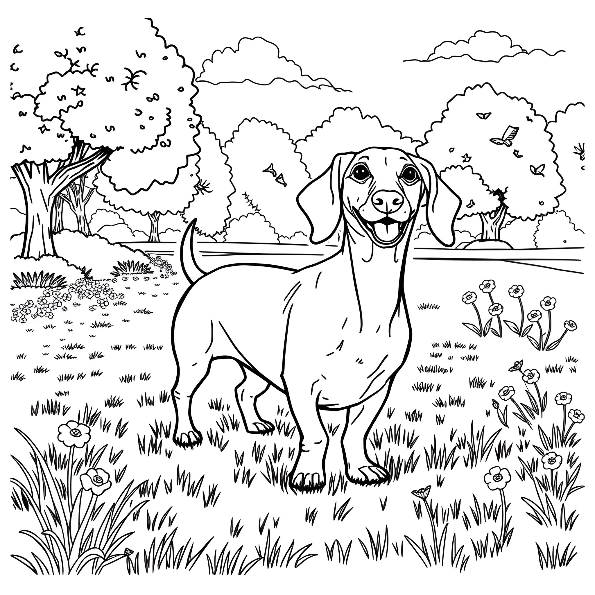 Dachshund wandering in the forest Coloring Page (free black-and-white line drawing printable PDF for all, from beginners to advanced learners, including children, teens, adults, and seniors)