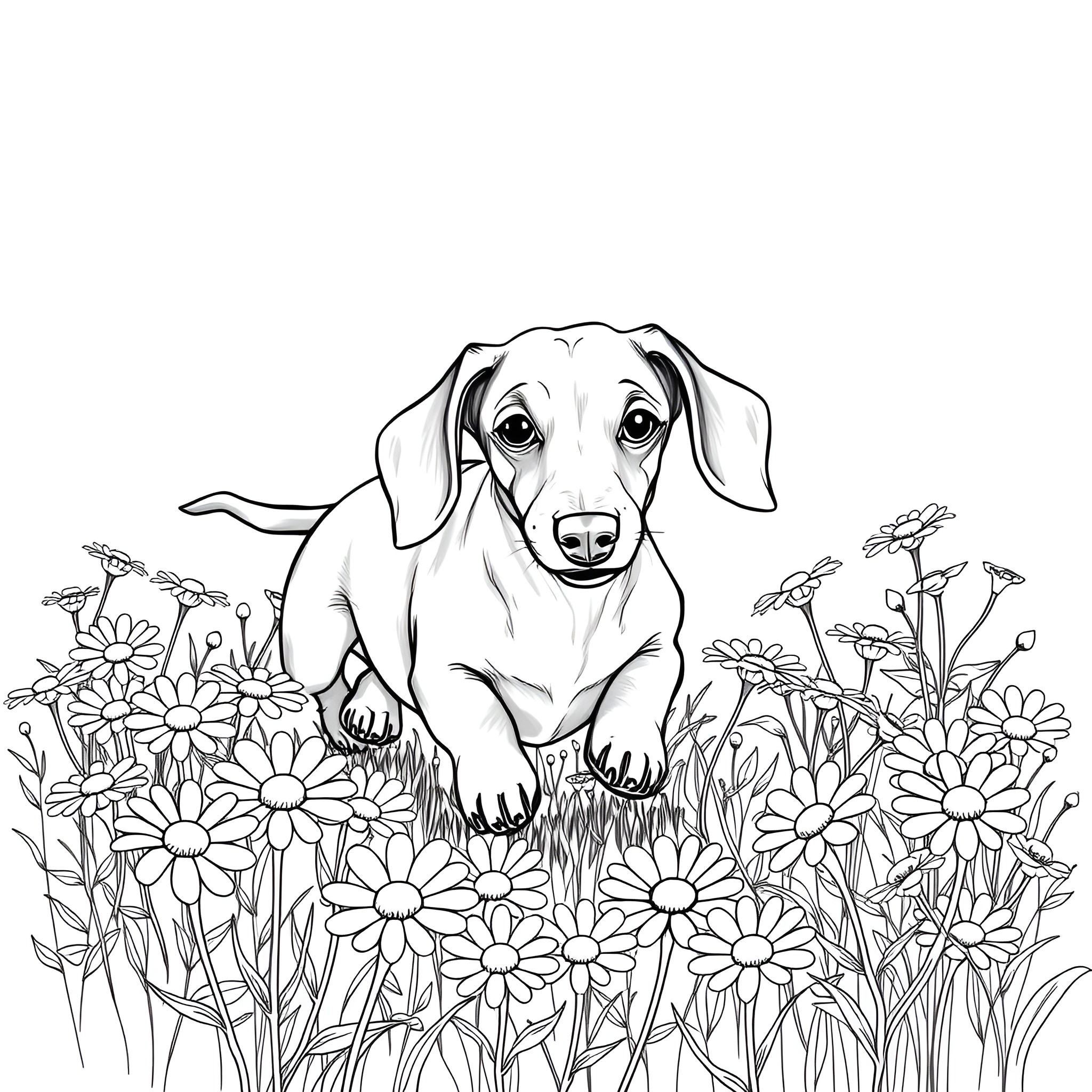 Dachshund resting amidst blooming flowers in a garden Coloring Page (free black-and-white line drawing printable PDF for all, from beginners to advanced learners, including children, teens, adults, and seniors)