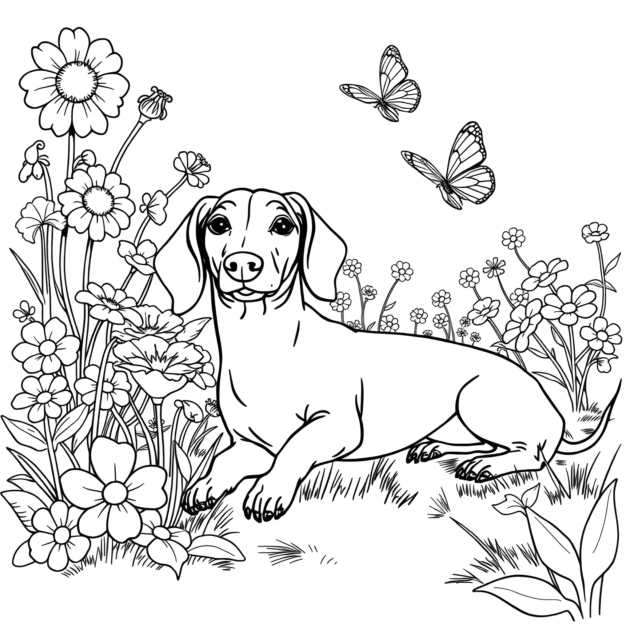 Dachshund exploring a floral garden Coloring Page (free black-and-white line drawing printable PDF for all, from beginners to advanced learners, including children, teens, adults, and seniors)