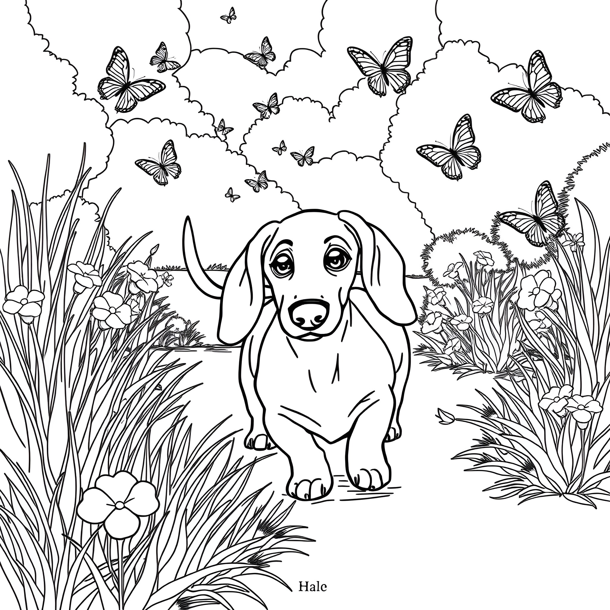 Dachshund exploring a lush butterfly garden Coloring Page (free black-and-white line drawing printable PDF for all, from beginners to advanced learners, including children, teens, adults, and seniors)