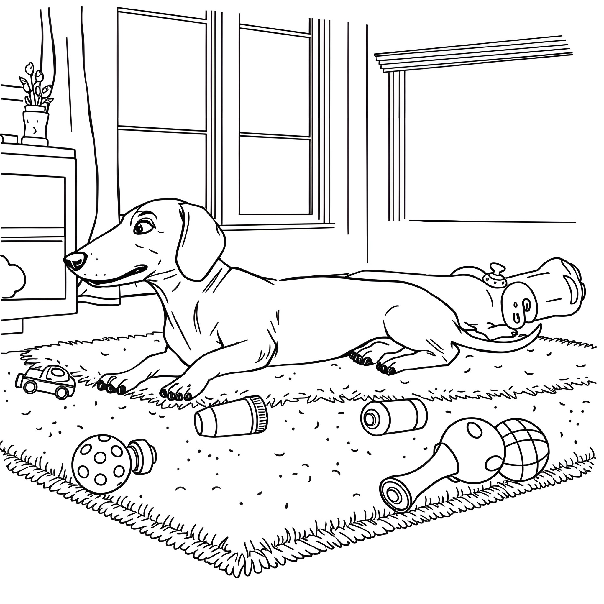 Dachshund playing with toys in indoor room Coloring Page (free black-and-white line drawing printable PDF for all, from beginners to advanced learners, including children, teens, adults, and seniors)