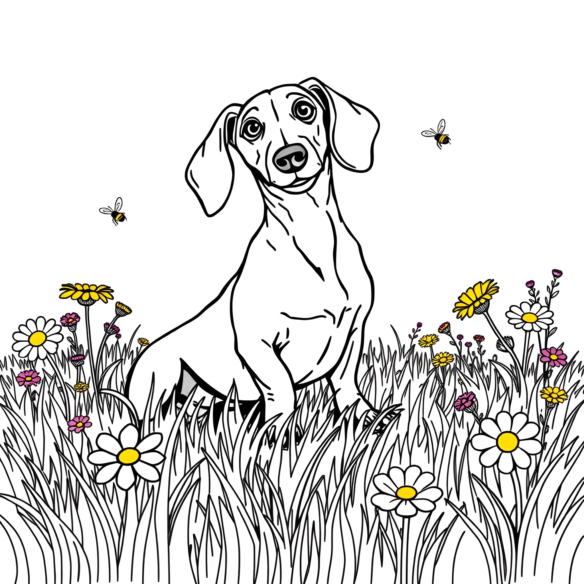 Dachshund dog playing in a blooming meadow Coloring Page (free black-and-white line drawing printable PDF for all, from beginners to advanced learners, including children, teens, adults, and seniors)