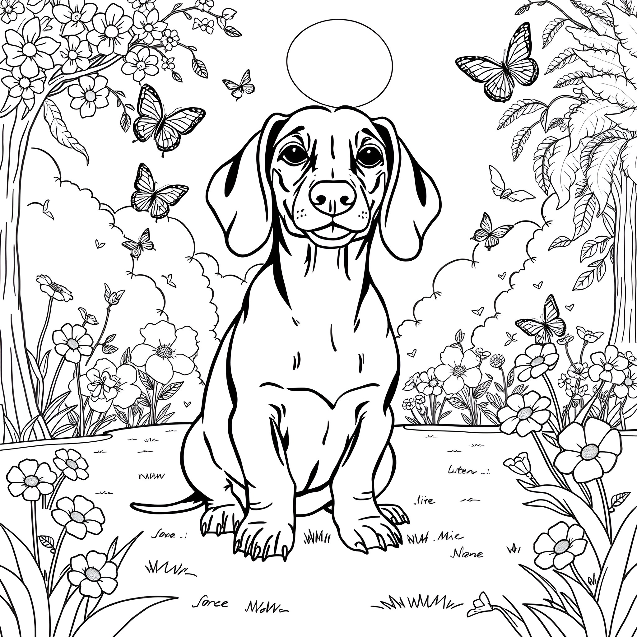 Dachshund puppy exploring nature's beauty Coloring Page (free black-and-white line drawing printable PDF for all, from beginners to advanced learners, including children, teens, adults, and seniors)