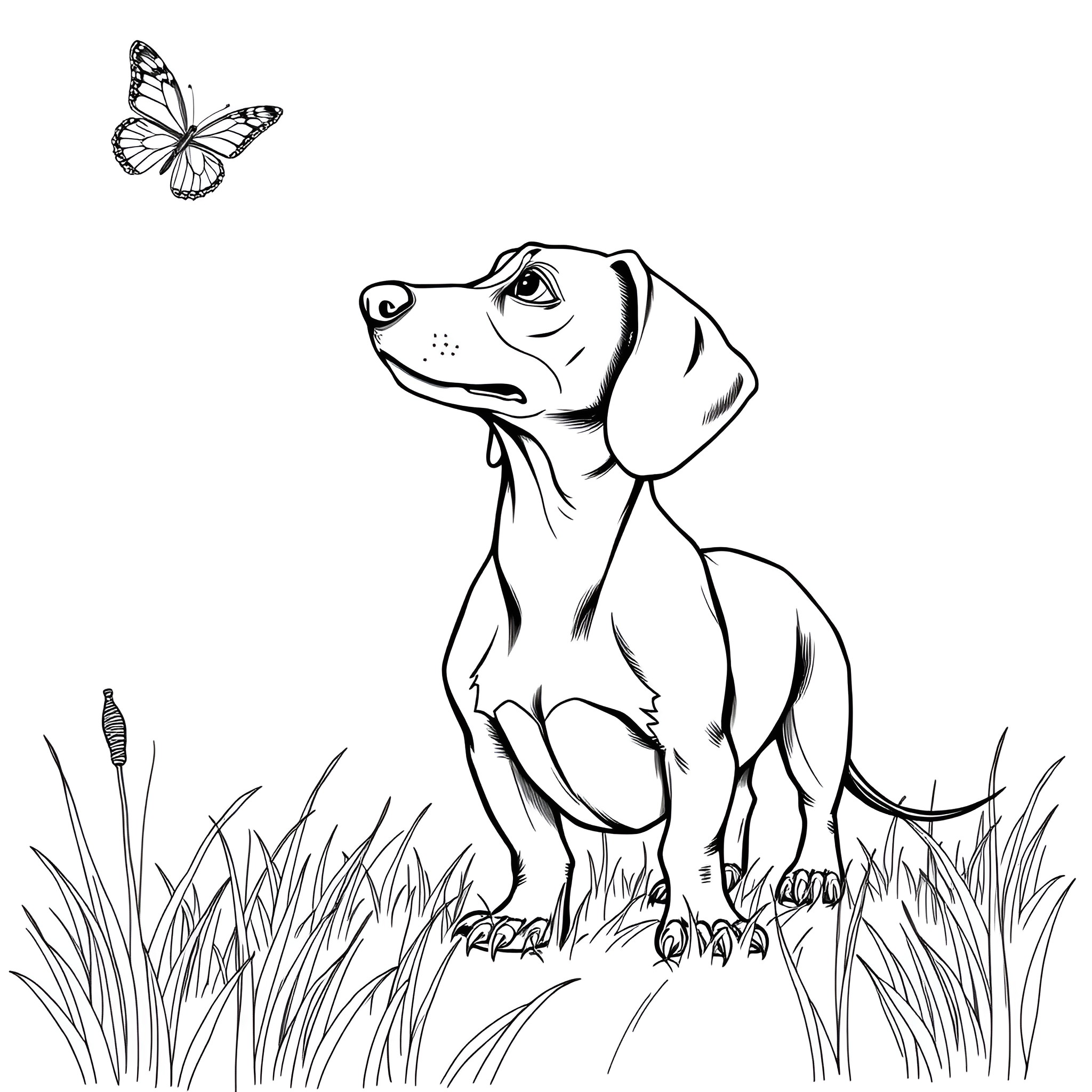 Dachshund watching butterflies in the meadow Coloring Page (free black-and-white line drawing printable PDF for all, from beginners to advanced learners, including children, teens, adults, and seniors)
