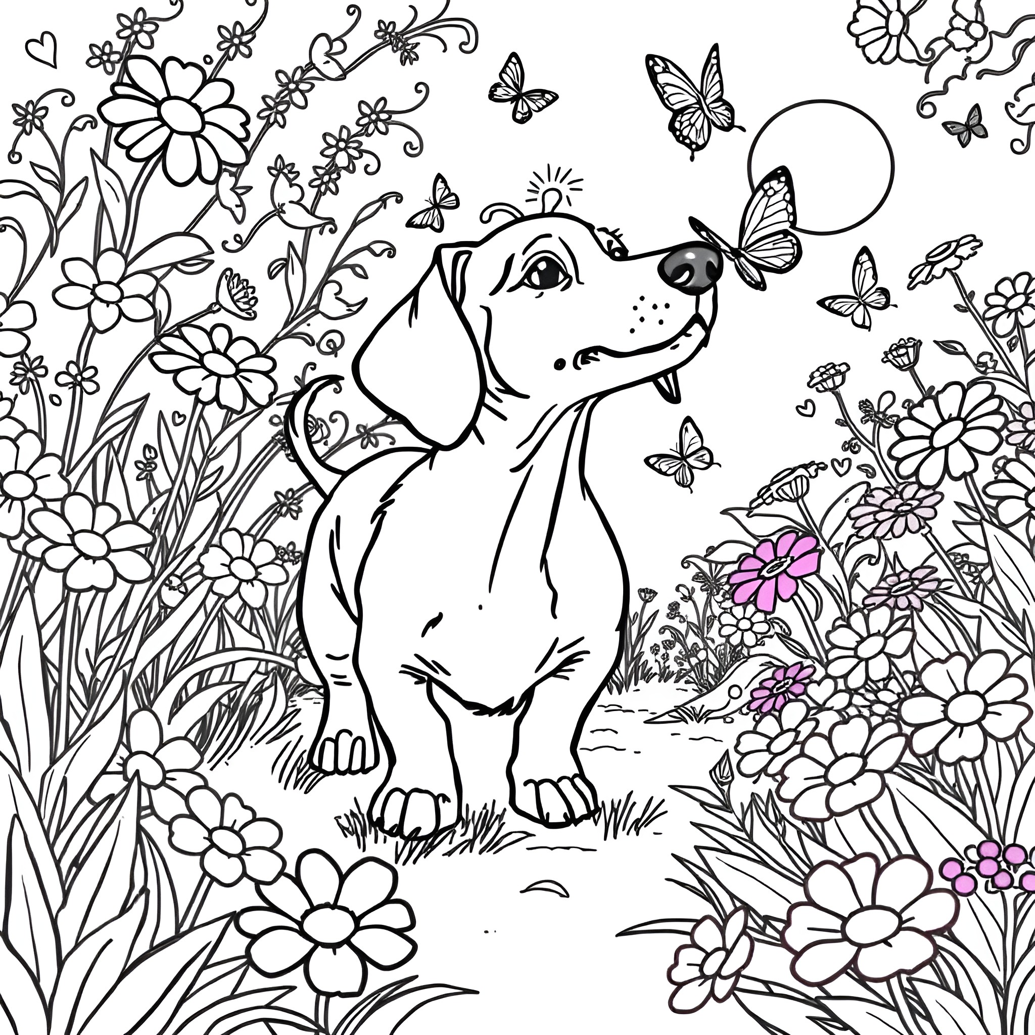 Dachshund playing in a floral garden Coloring Page (free black-and-white line drawing printable PDF for all, from beginners to advanced learners, including children, teens, adults, and seniors)