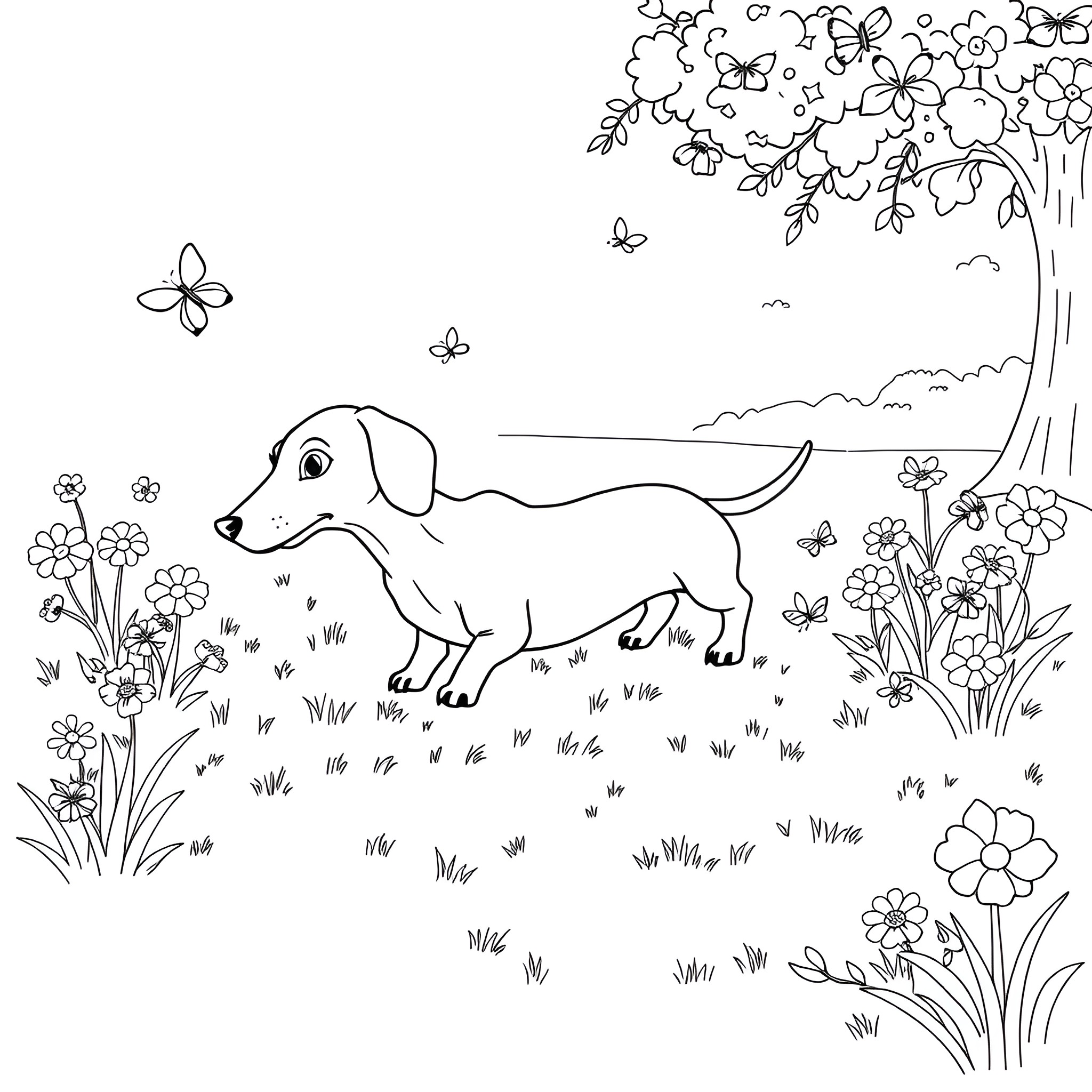 Dachshund exploring a floral meadow Coloring Page (free black-and-white line drawing printable PDF for all, from beginners to advanced learners, including children, teens, adults, and seniors)