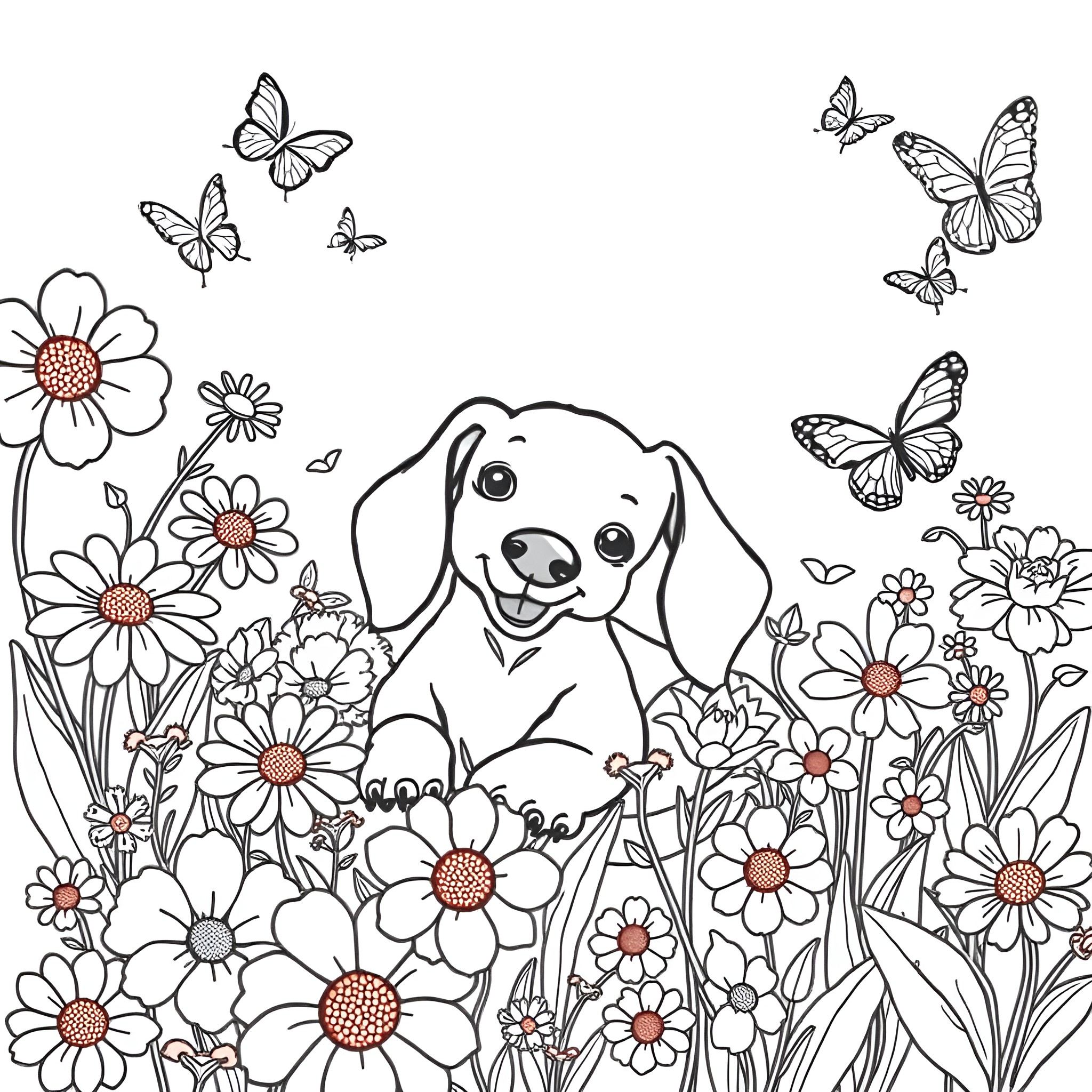 Dachshund puppy playing in flower garden with butterflies Coloring Page (free black-and-white line drawing printable PDF for all, from beginners to advanced learners, including children, teens, adults, and seniors)