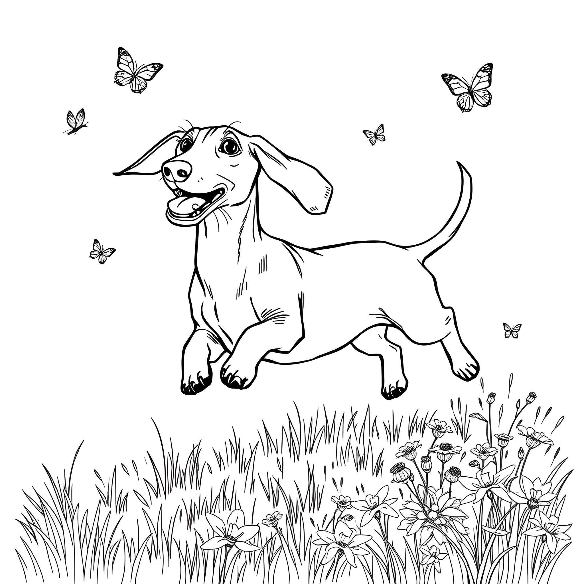 Dachshund frolicking in a field of flowers Coloring Page (free black-and-white line drawing printable PDF for all, from beginners to advanced learners, including children, teens, adults, and seniors)