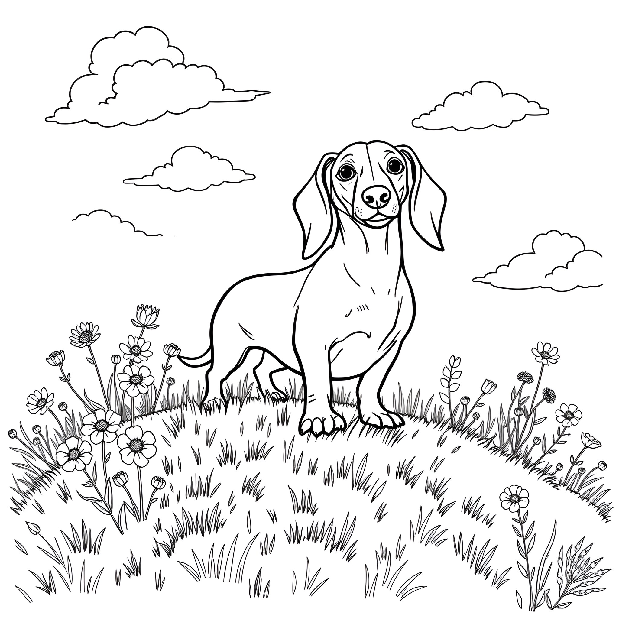 Dachshund sitting in a meadow of flowers Coloring Page (free black-and-white line drawing printable PDF for all, from beginners to advanced learners, including children, teens, adults, and seniors)