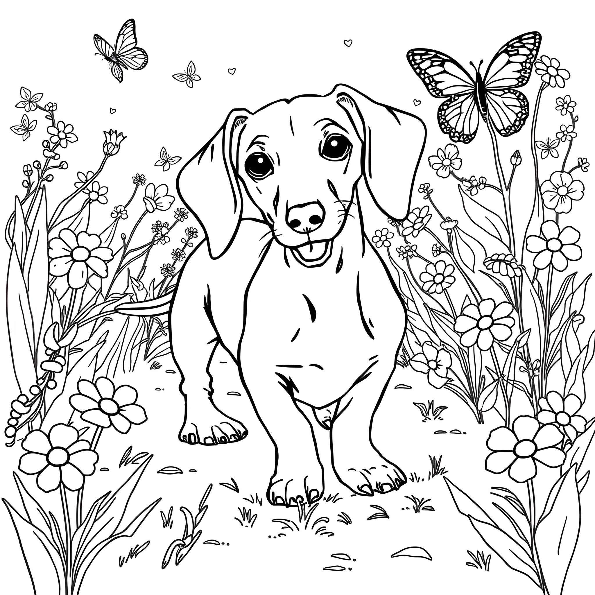 Dachshund enjoying a garden with butterflies Coloring Page (free black-and-white line drawing printable PDF for all, from beginners to advanced learners, including children, teens, adults, and seniors)