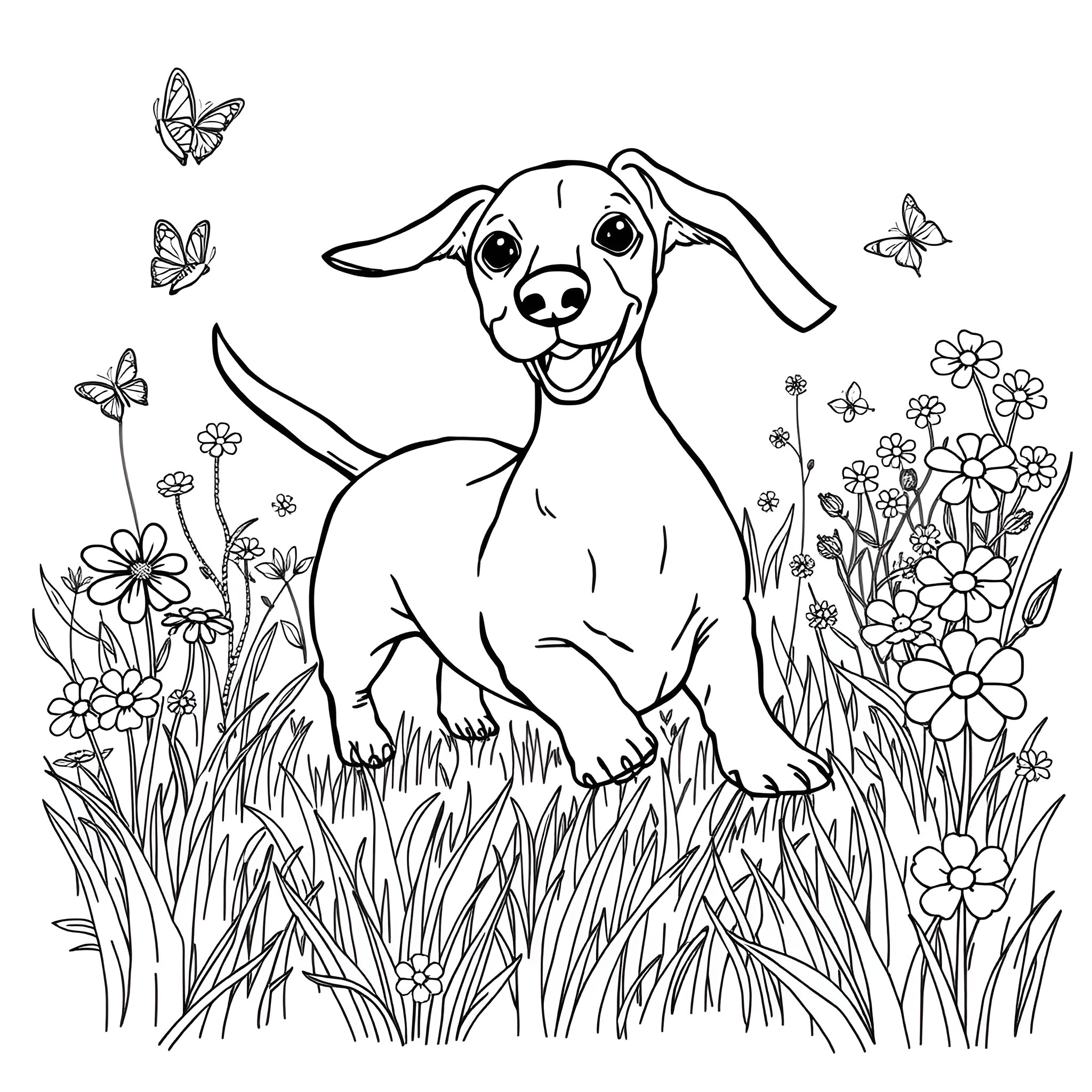 Dachshund playing happily in a flower garden Coloring Page (free black-and-white line drawing printable PDF for all, from beginners to advanced learners, including children, teens, adults, and seniors)