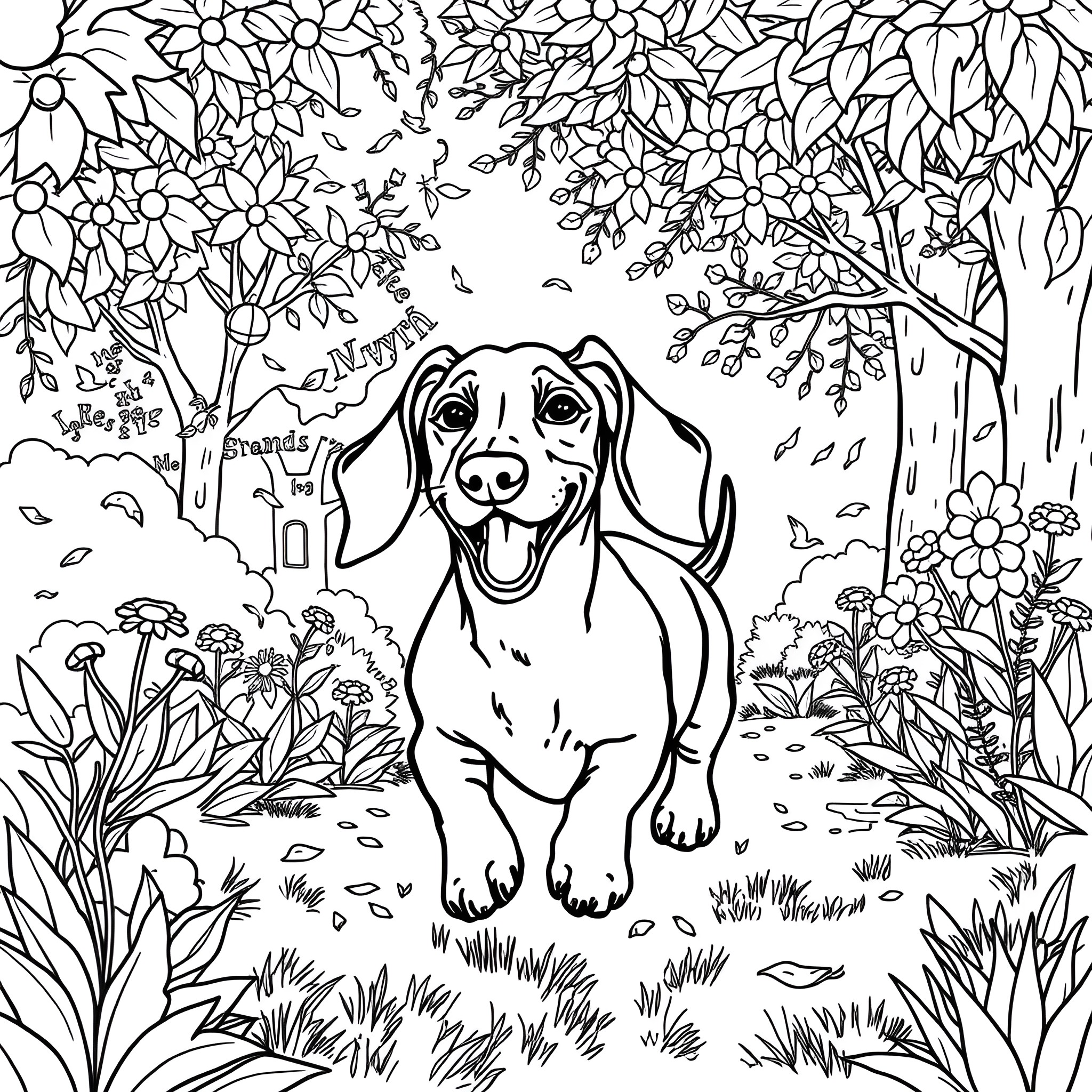 Dachshund exploring a lush forest landscape Coloring Page (free black-and-white line drawing printable PDF for all, from beginners to advanced learners, including children, teens, adults, and seniors)