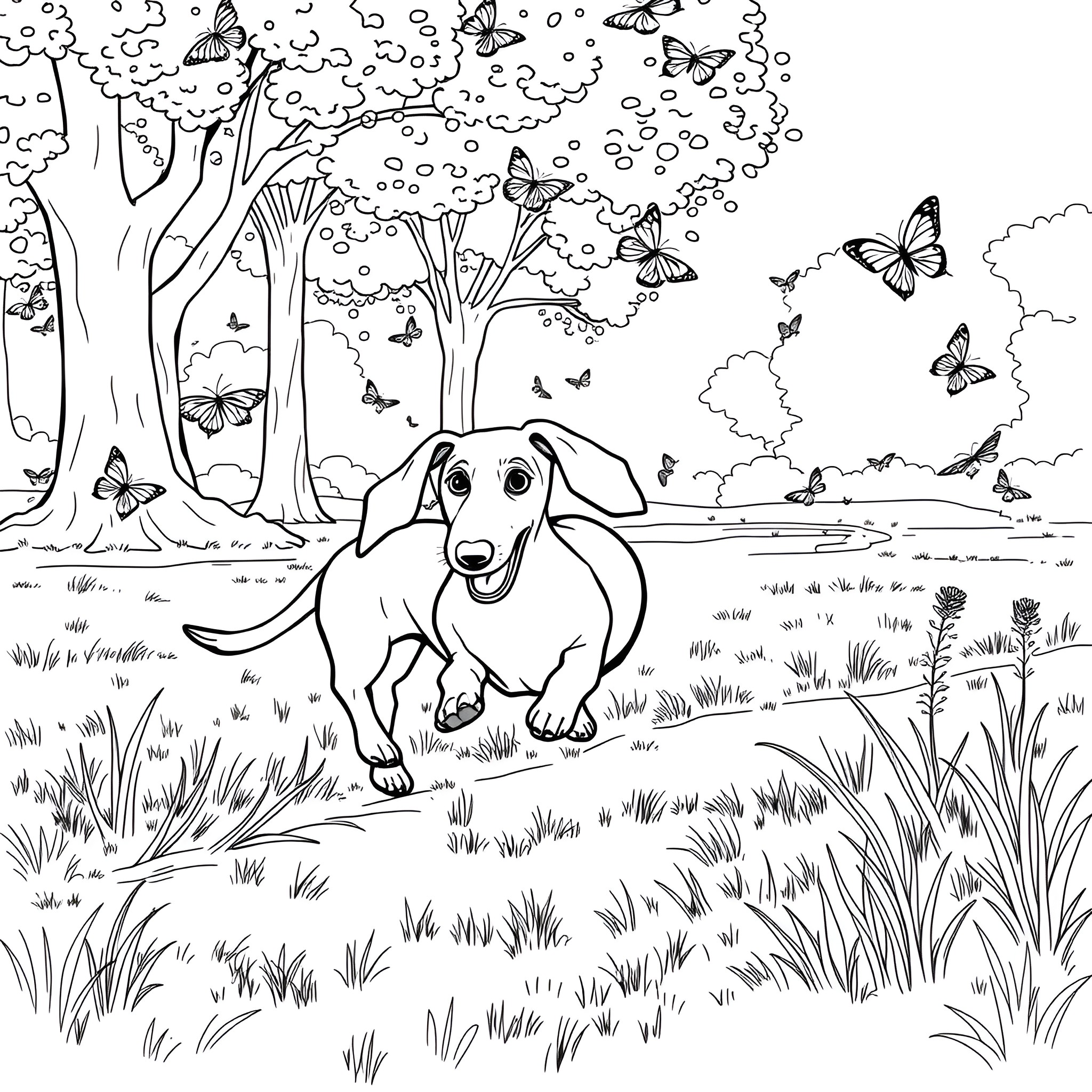 Dachshund running through whimsical forest with butterflies Coloring Page (free black-and-white line drawing printable PDF for all, from beginners to advanced learners, including children, teens, adults, and seniors)