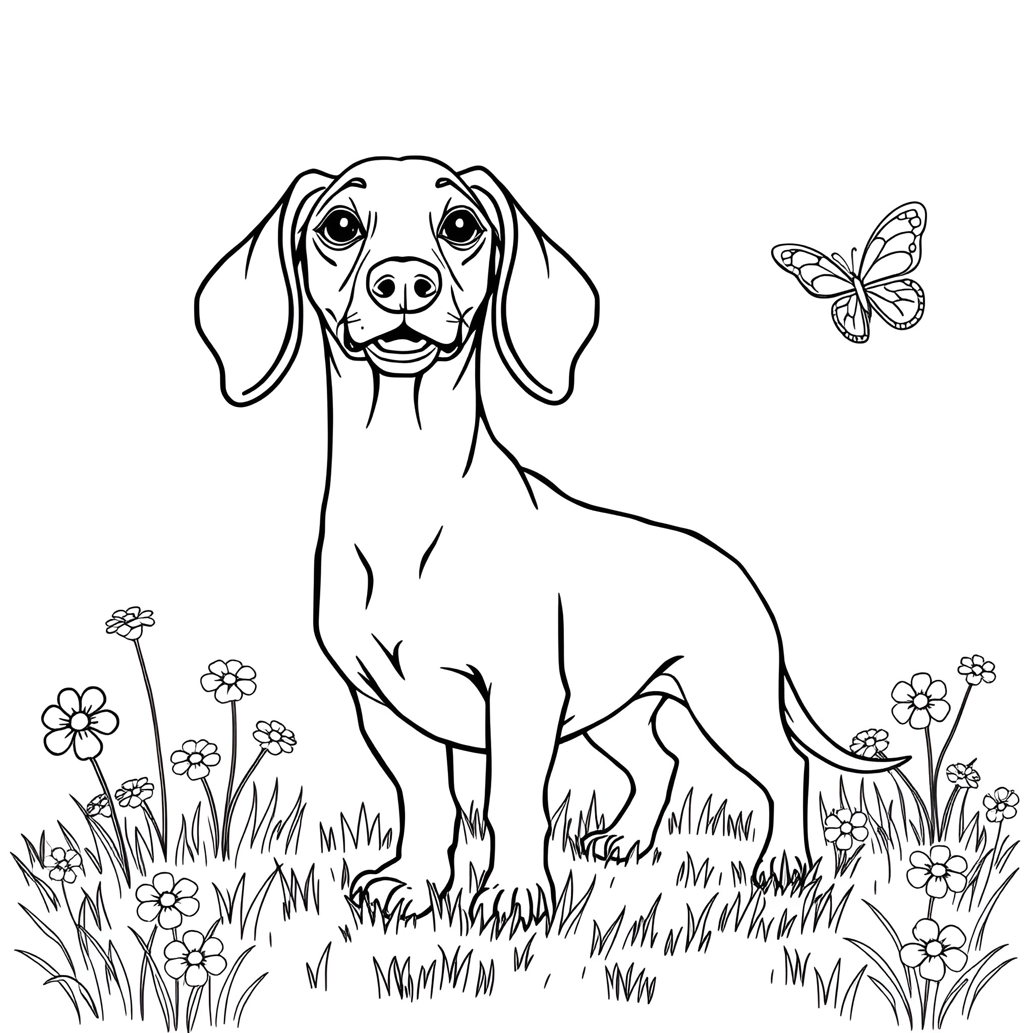 Dachshund exploring the garden with butterflies Coloring Page (free black-and-white line drawing printable PDF for all, from beginners to advanced learners, including children, teens, adults, and seniors)