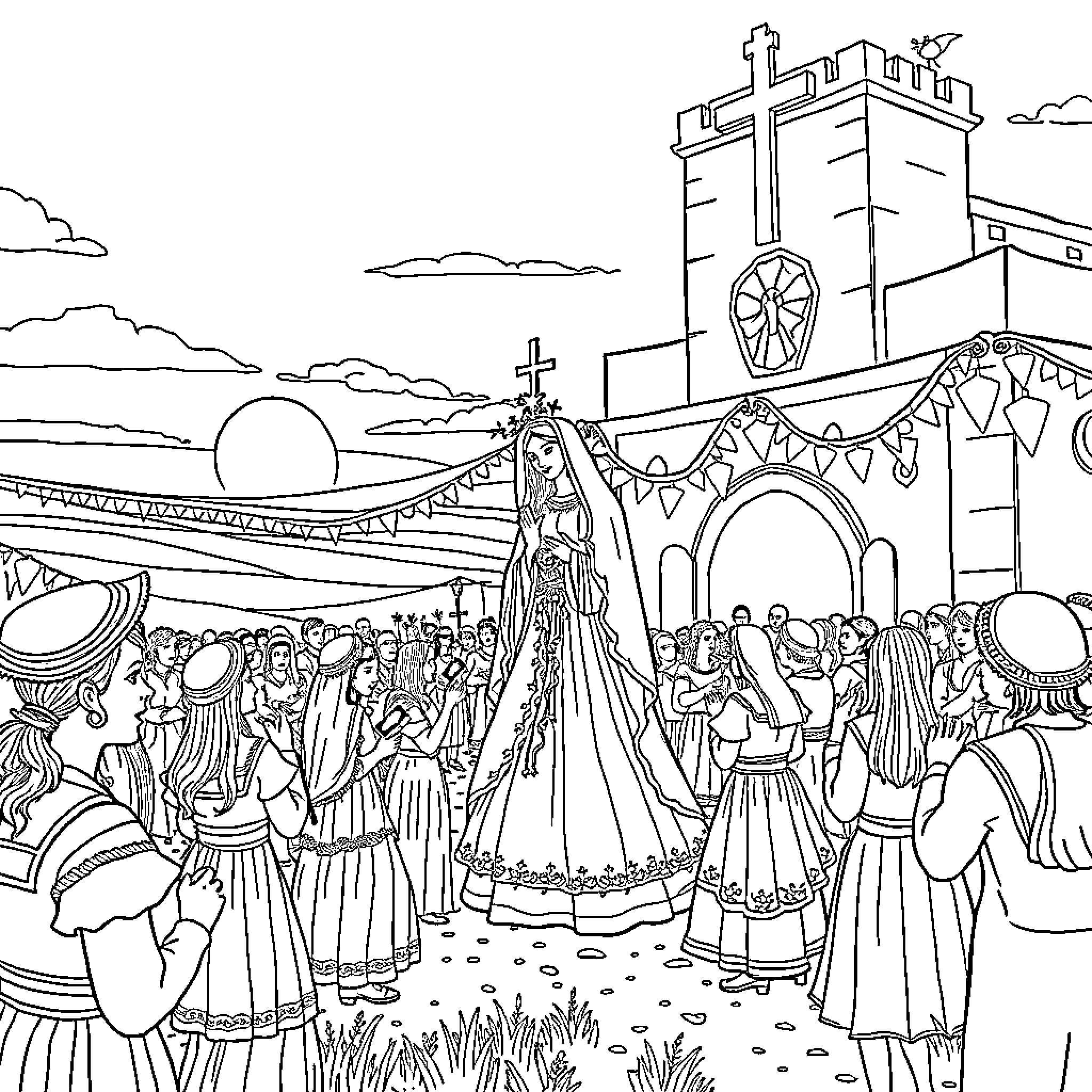 El Rocío - Festive Gathering in Traditional Attire Coloring Page (free black-and-white line drawing printable PDF for all, from beginners to advanced learners, including children, teens, adults, and seniors)