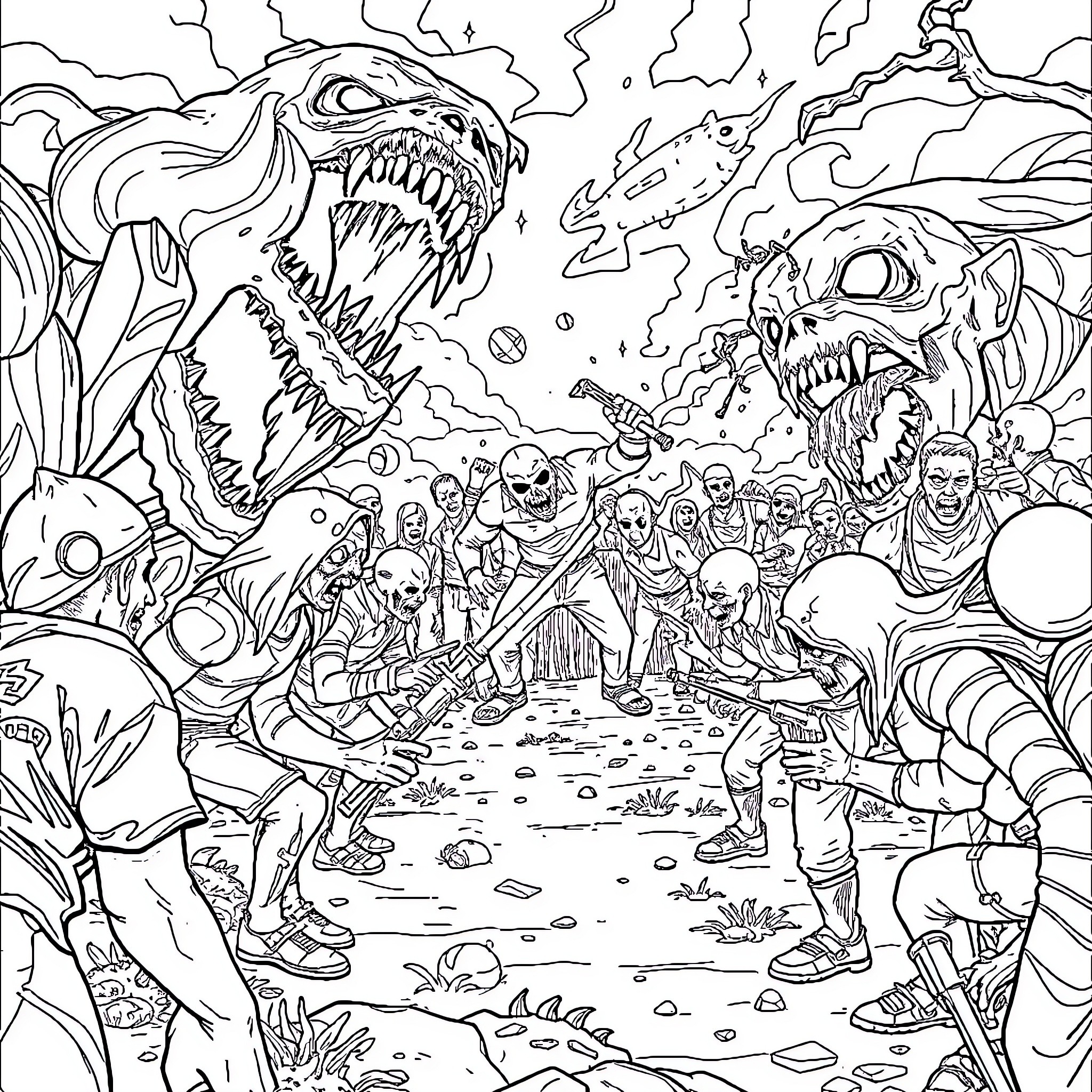 Resident Evil Confrontation with Monstrous Creatures Coloring Page (free black-and-white line drawing printable PDF for all, from beginners to advanced learners, including children, teens, adults, and seniors)