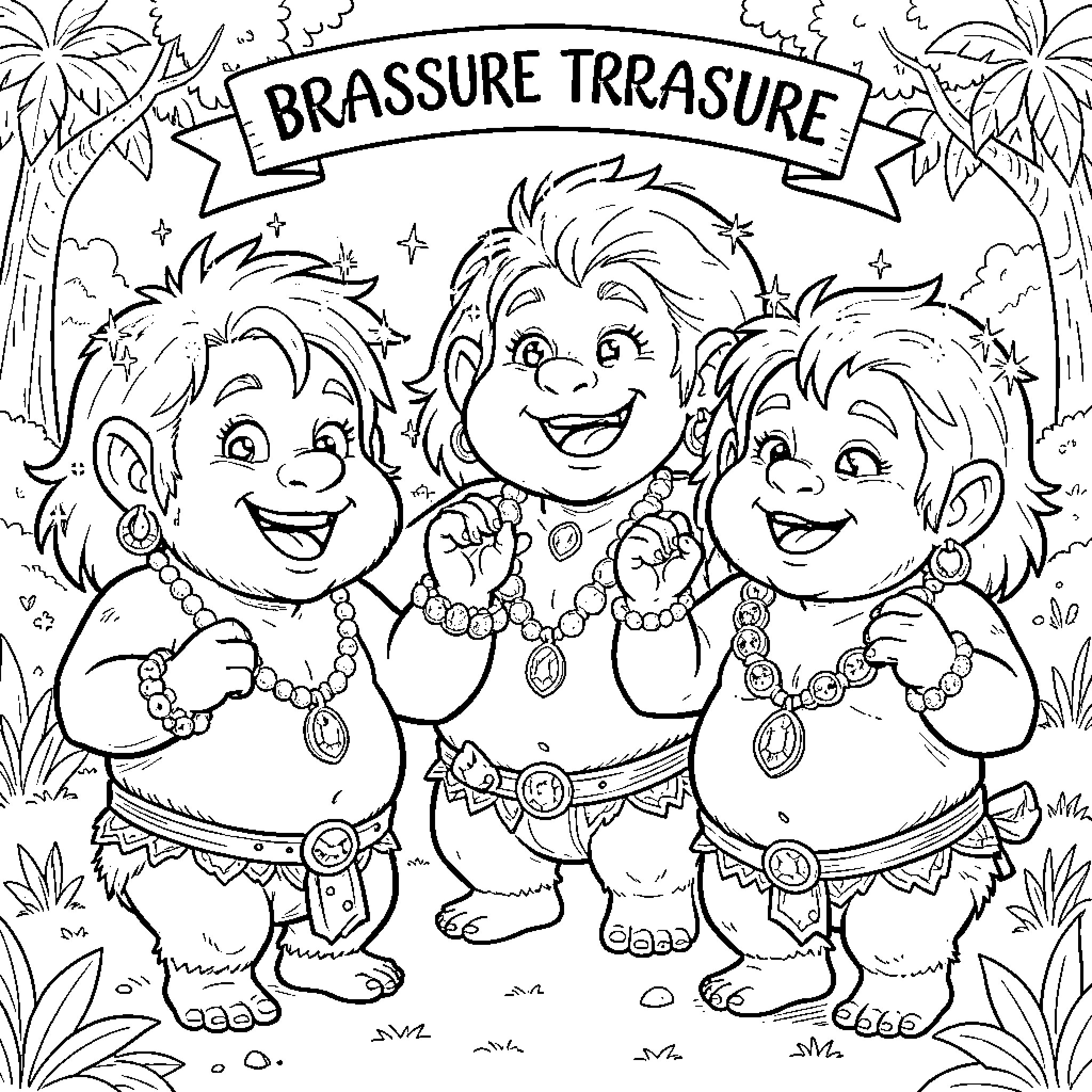 Treasure Trolls Celebrating Happily with Jewels Coloring Page (free black-and-white line drawing printable PDF for all, from beginners to advanced learners, including children, teens, adults, and seniors)