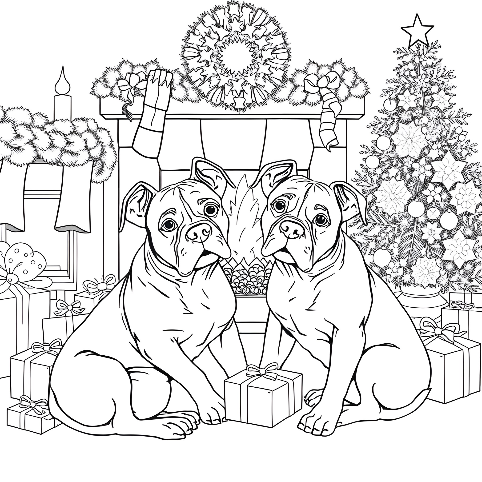 Pitbull dogs enjoying Christmas presents and decorations Coloring Page (free black-and-white line drawing printable PDF for all, from beginners to advanced learners, including children, teens, adults, and seniors)