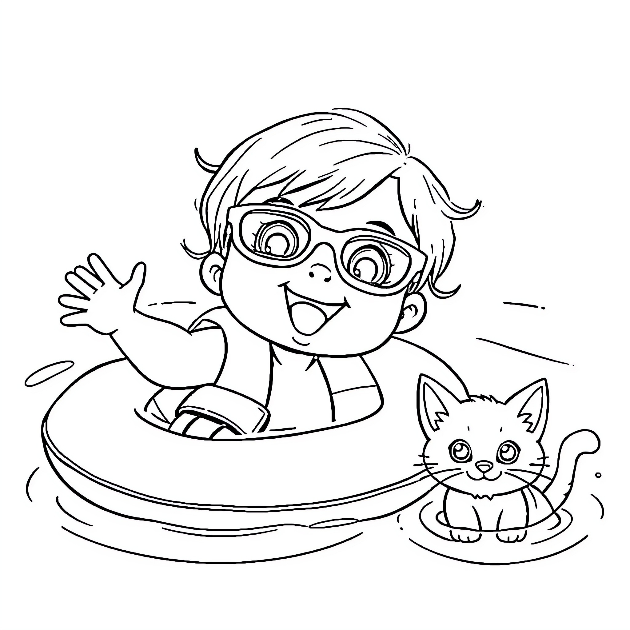 Girl playing joyfully with a kitten in a kiddie pool Coloring Page (free black-and-white line drawing printable PDF for all, from beginners to advanced learners, including children, teens, adults, and seniors)
