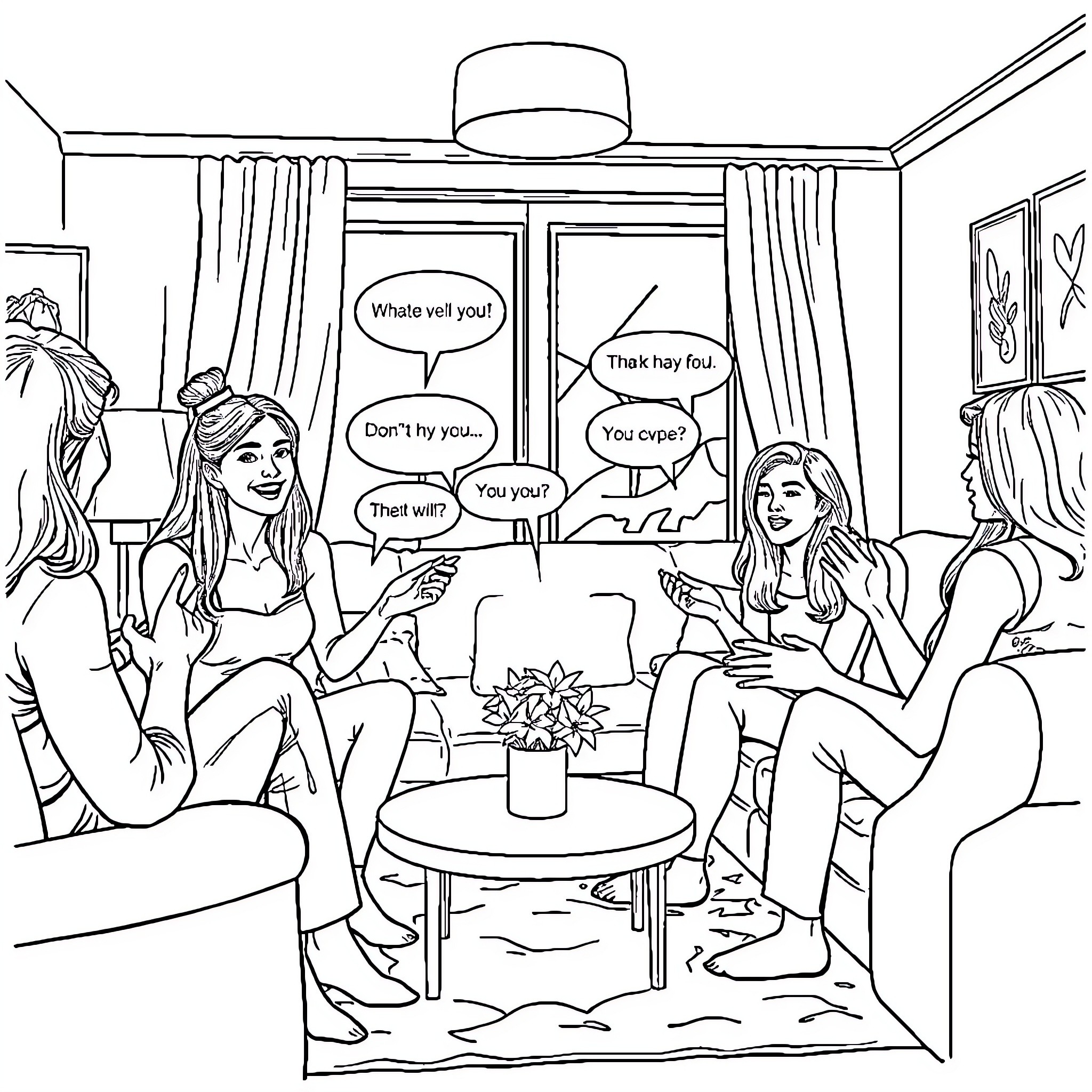 Margot Robbie and friends engaged in casual conversation Coloring Page (free black-and-white line drawing printable PDF for all, from beginners to advanced learners, including children, teens, adults, and seniors)