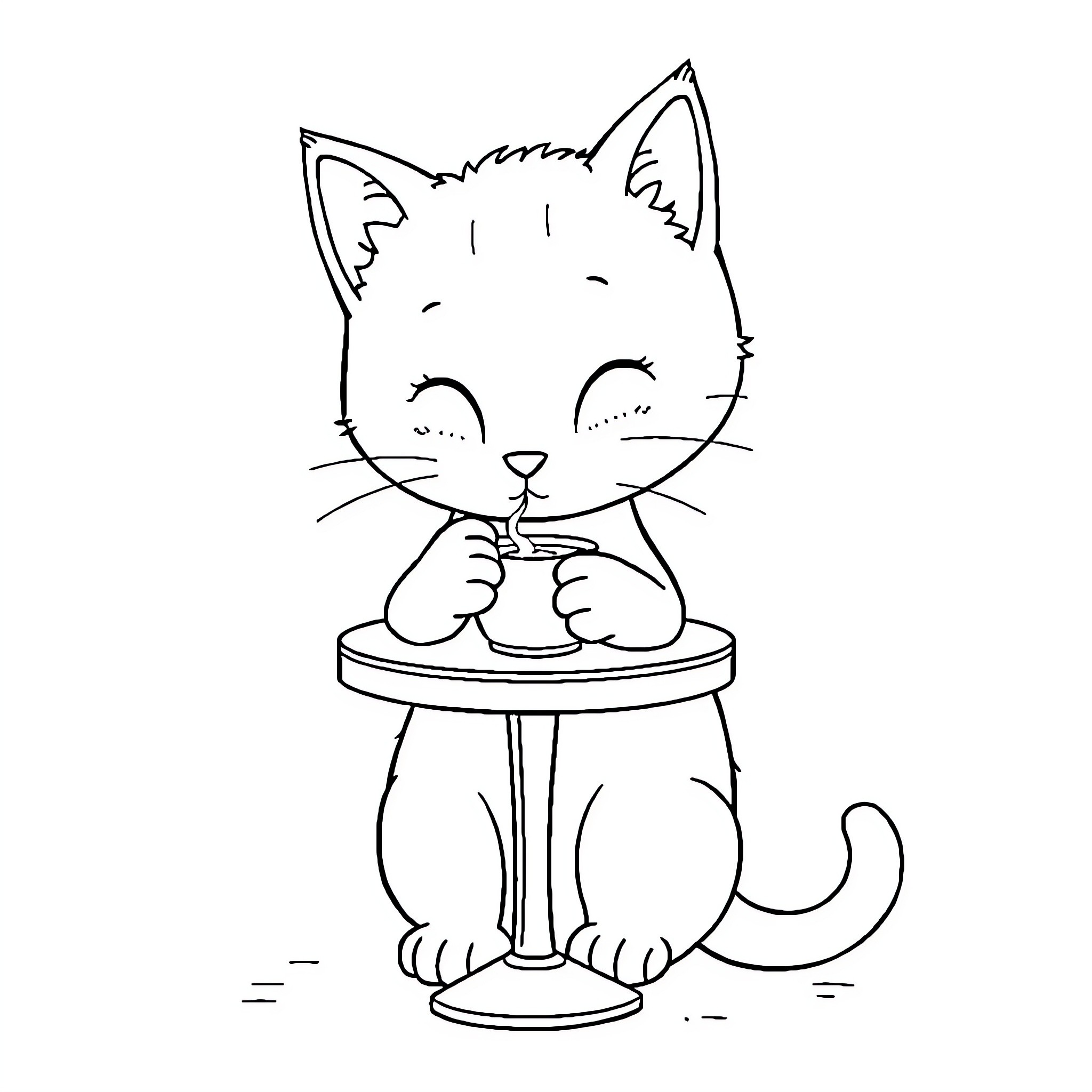 Cat enjoying a treat on a stool Coloring Page (free black-and-white line drawing printable PDF for all, from beginners to advanced learners, including children, teens, adults, and seniors)