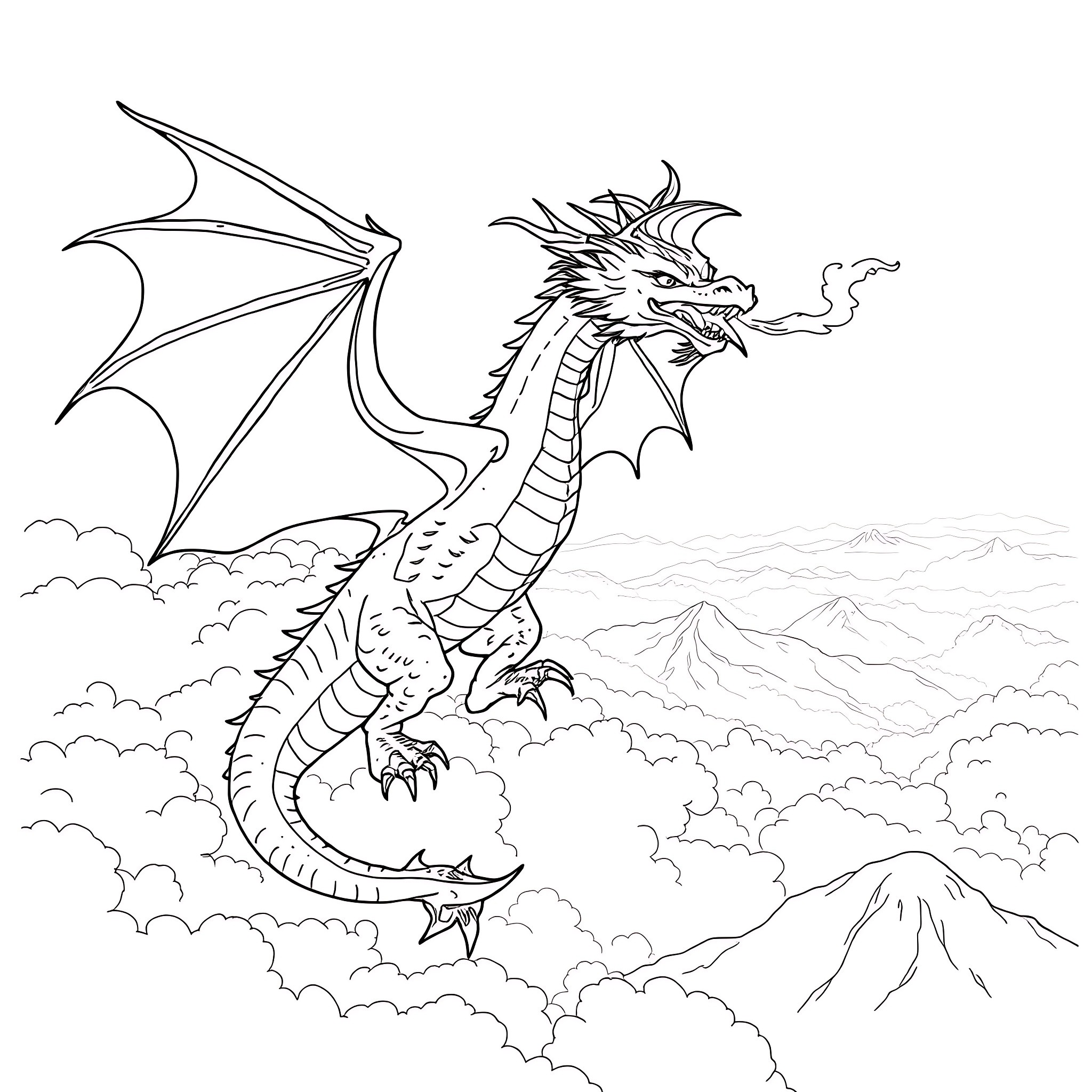 Dragon soaring through the clouds above mountain peaks Coloring Page (free black-and-white line drawing printable PDF for all, from beginners to advanced learners, including children, teens, adults, and seniors)