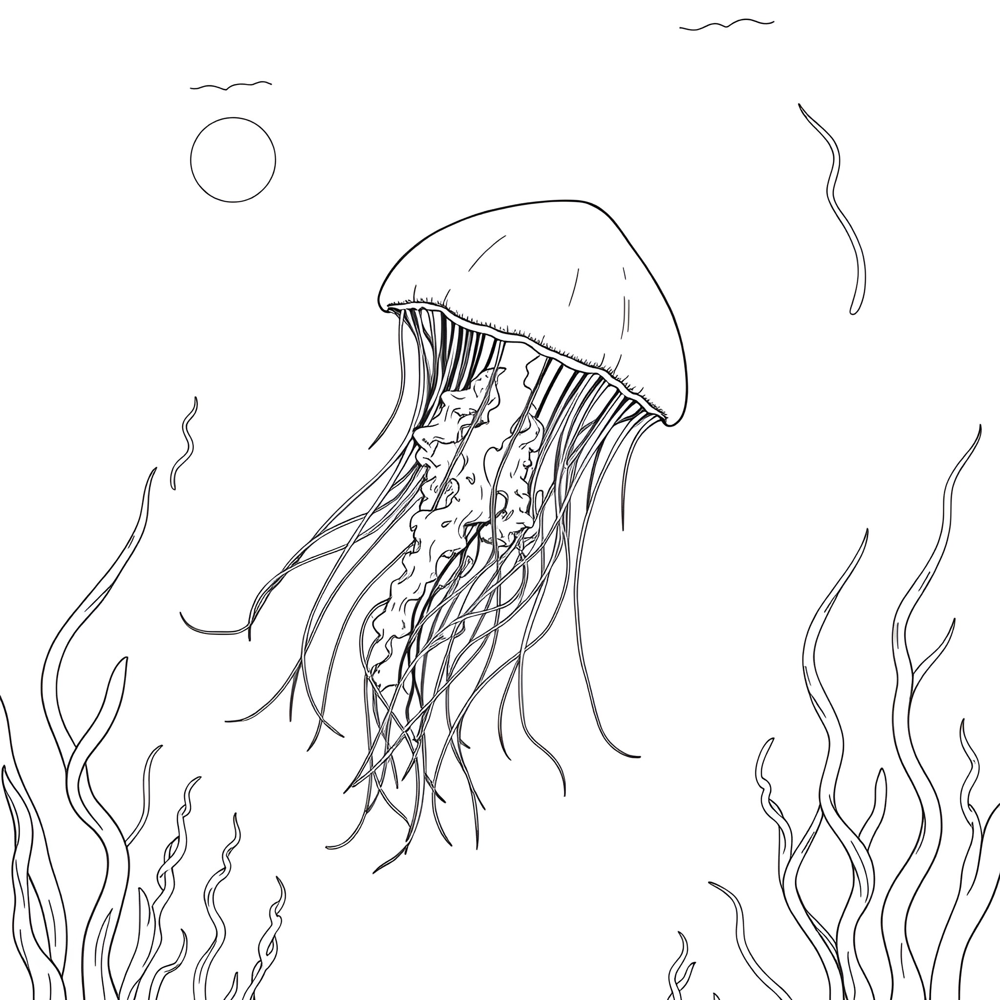 Jellyfish floating gracefully in the underwater scene Coloring Page (free black-and-white line drawing printable PDF for all, from beginners to advanced learners, including children, teens, adults, and seniors)